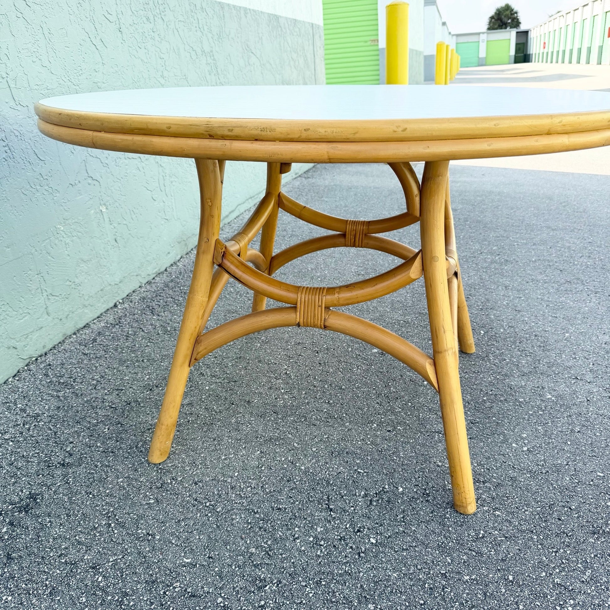 Boho Chic Rattan Laminate Top Circular Dining/Card Table Dolphin & Flamingo