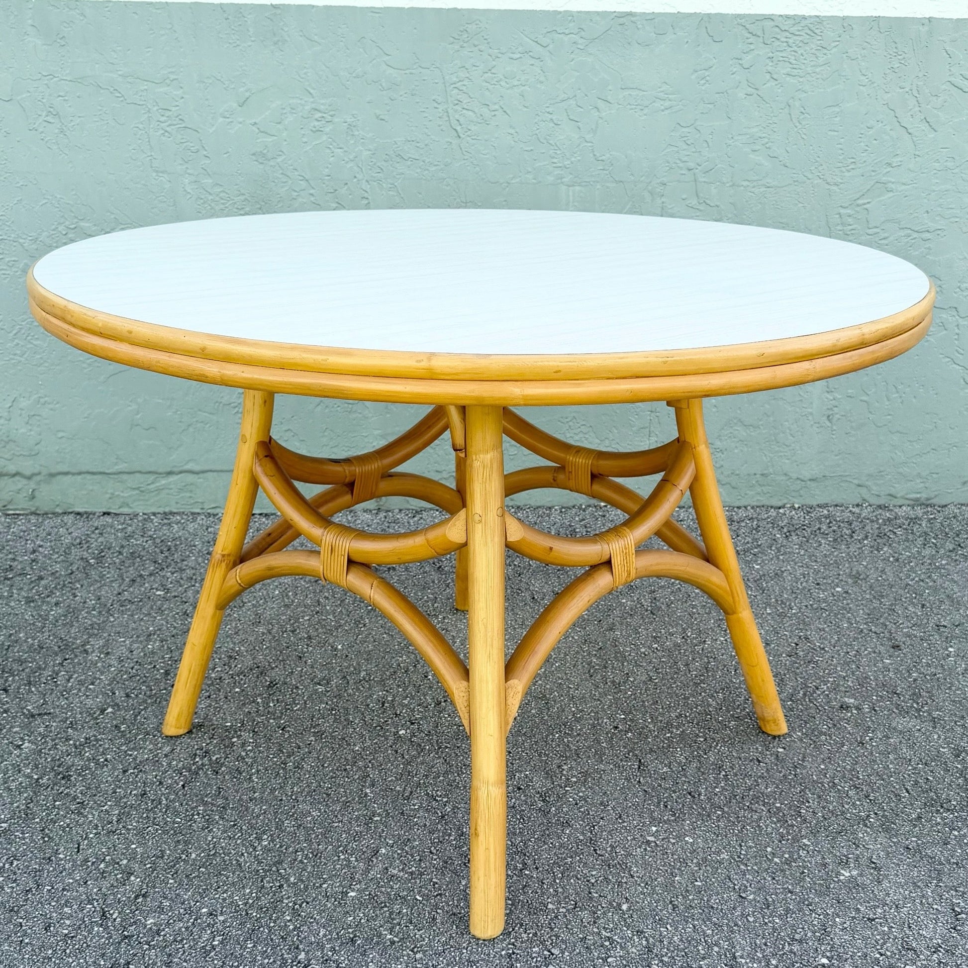 Boho Chic Rattan Laminate Top Circular Dining/Card Table Dolphin & Flamingo