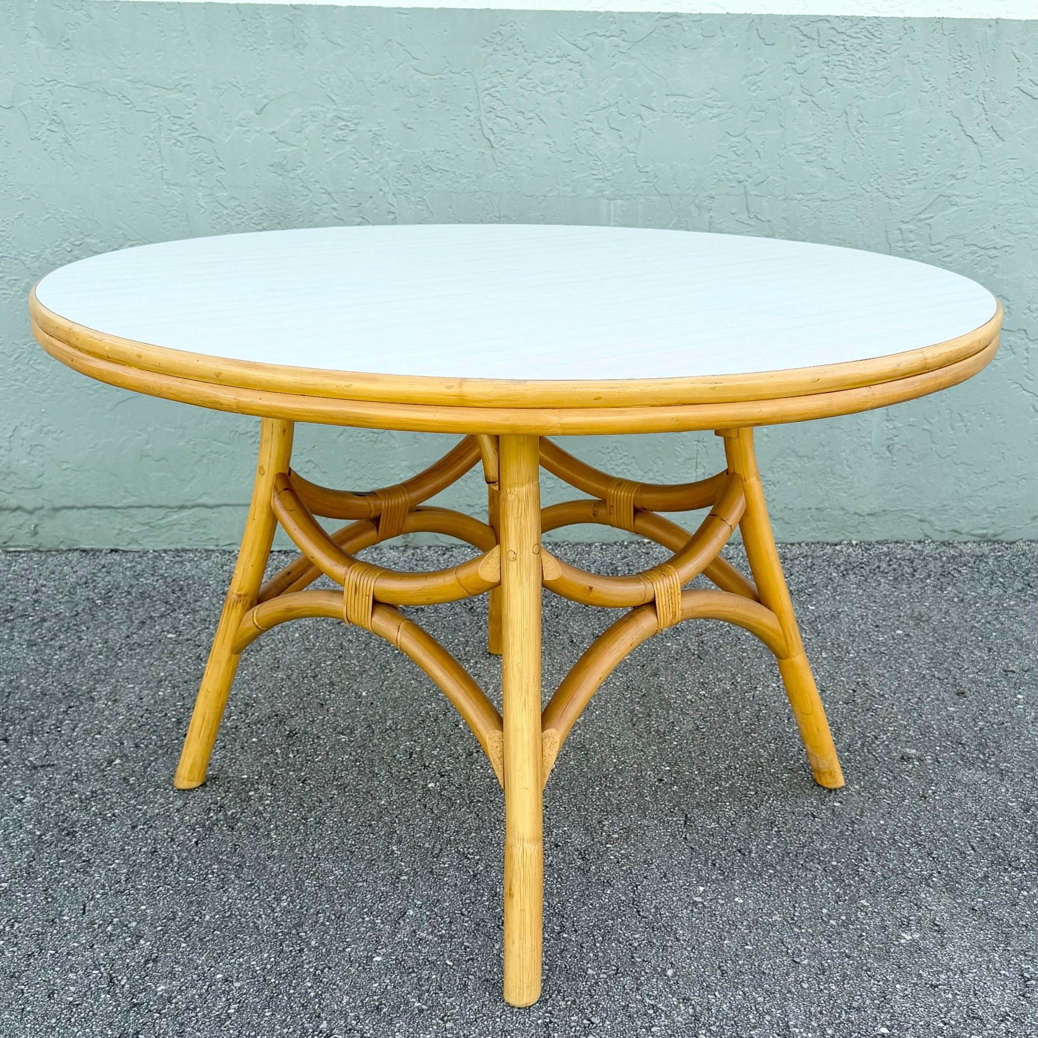 Boho Chic Rattan Laminate Top Circular Dining/Card Table Dolphin & Flamingo