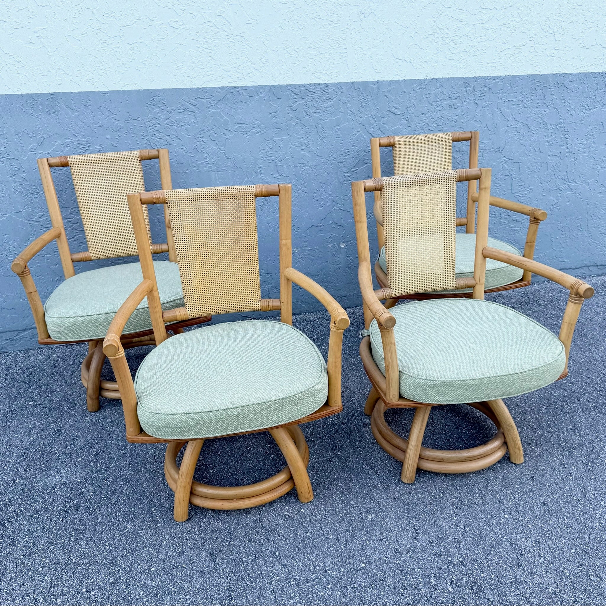 Boho Chic Rattan Cane Back Swivel Dining Arm Chairs - Set of 4 Dolphin & Flamingo
