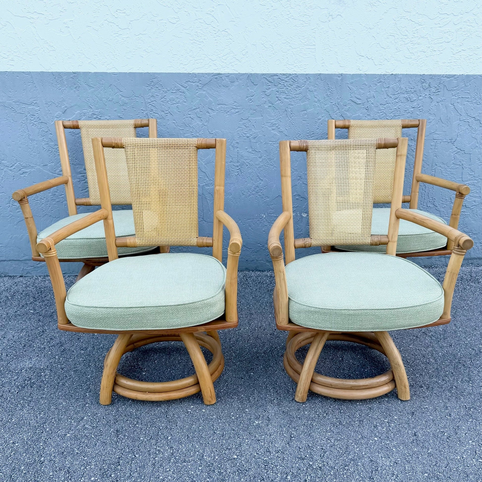 Boho Chic Rattan Cane Back Swivel Dining Arm Chairs - Set of 4 Dolphin & Flamingo