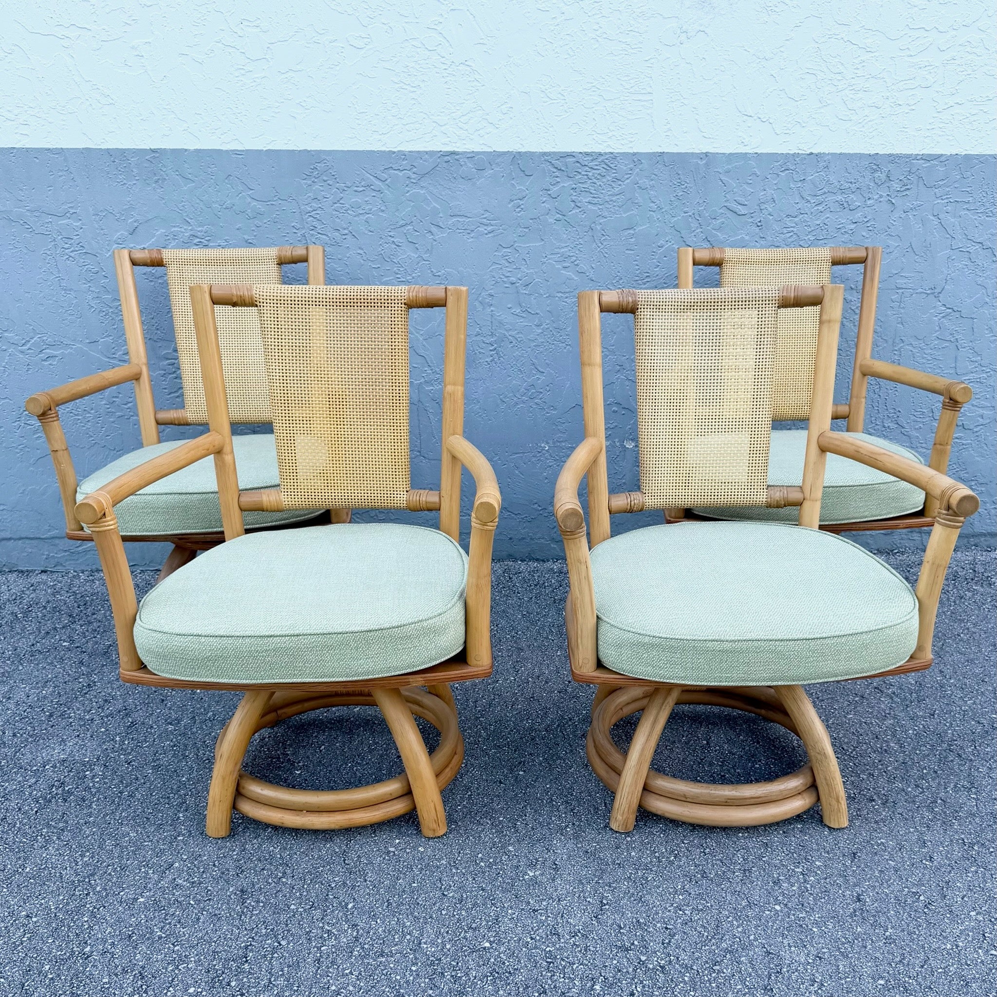 Boho Chic Rattan Cane Back Swivel Dining Arm Chairs - Set of 4 Dolphin & Flamingo