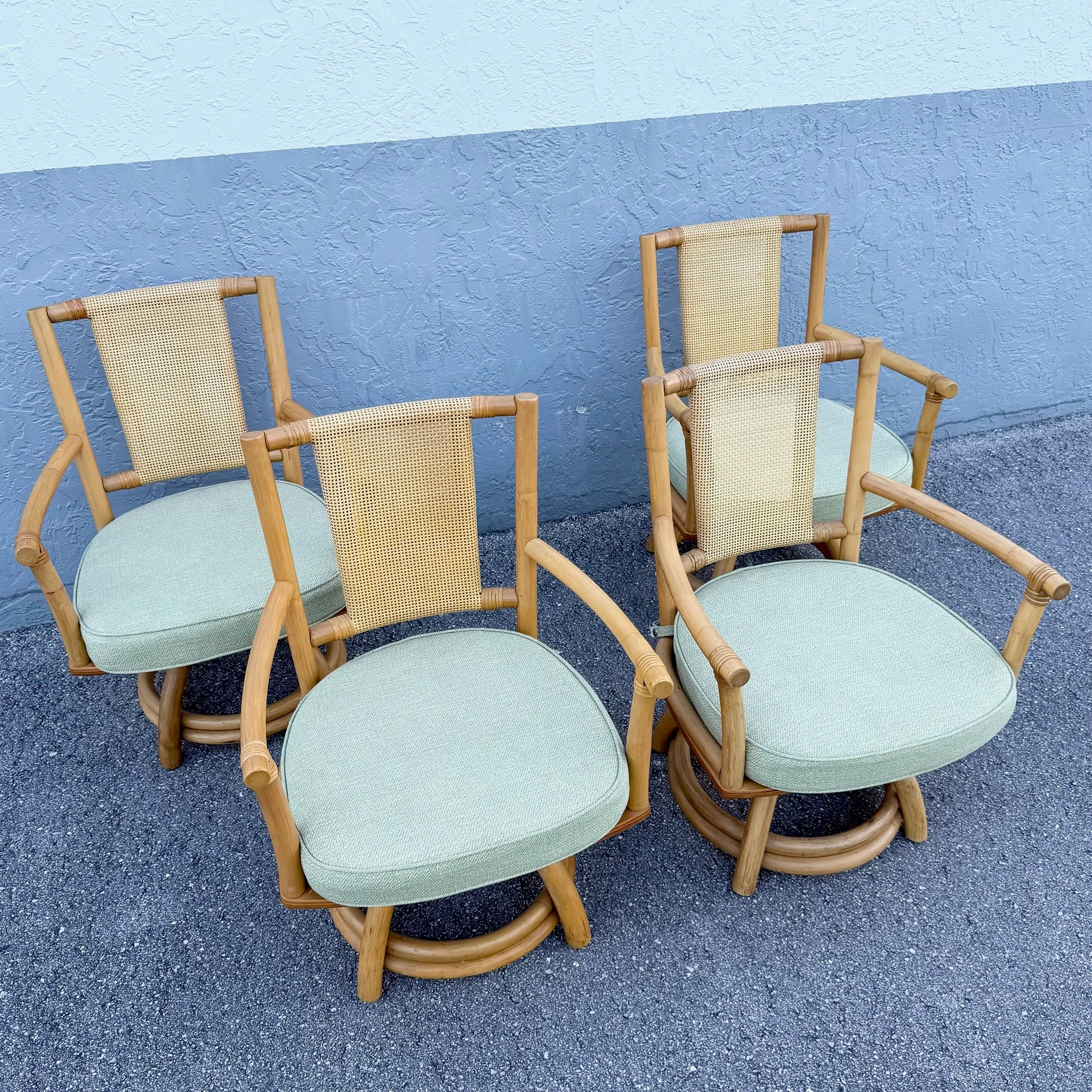 Boho Chic Rattan Cane Back Swivel Dining Arm Chairs - Set of 4 Dolphin & Flamingo