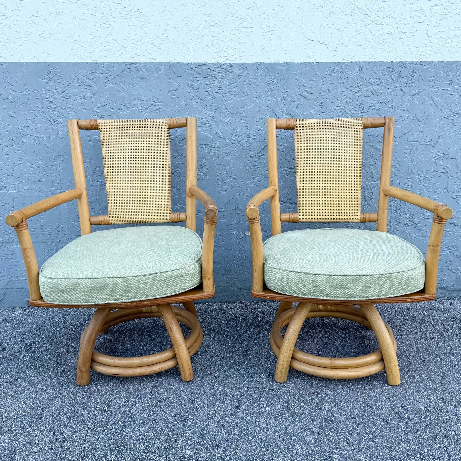 Boho Chic Rattan Cane Back Swivel Dining Arm Chairs - Set of 4 Dolphin & Flamingo