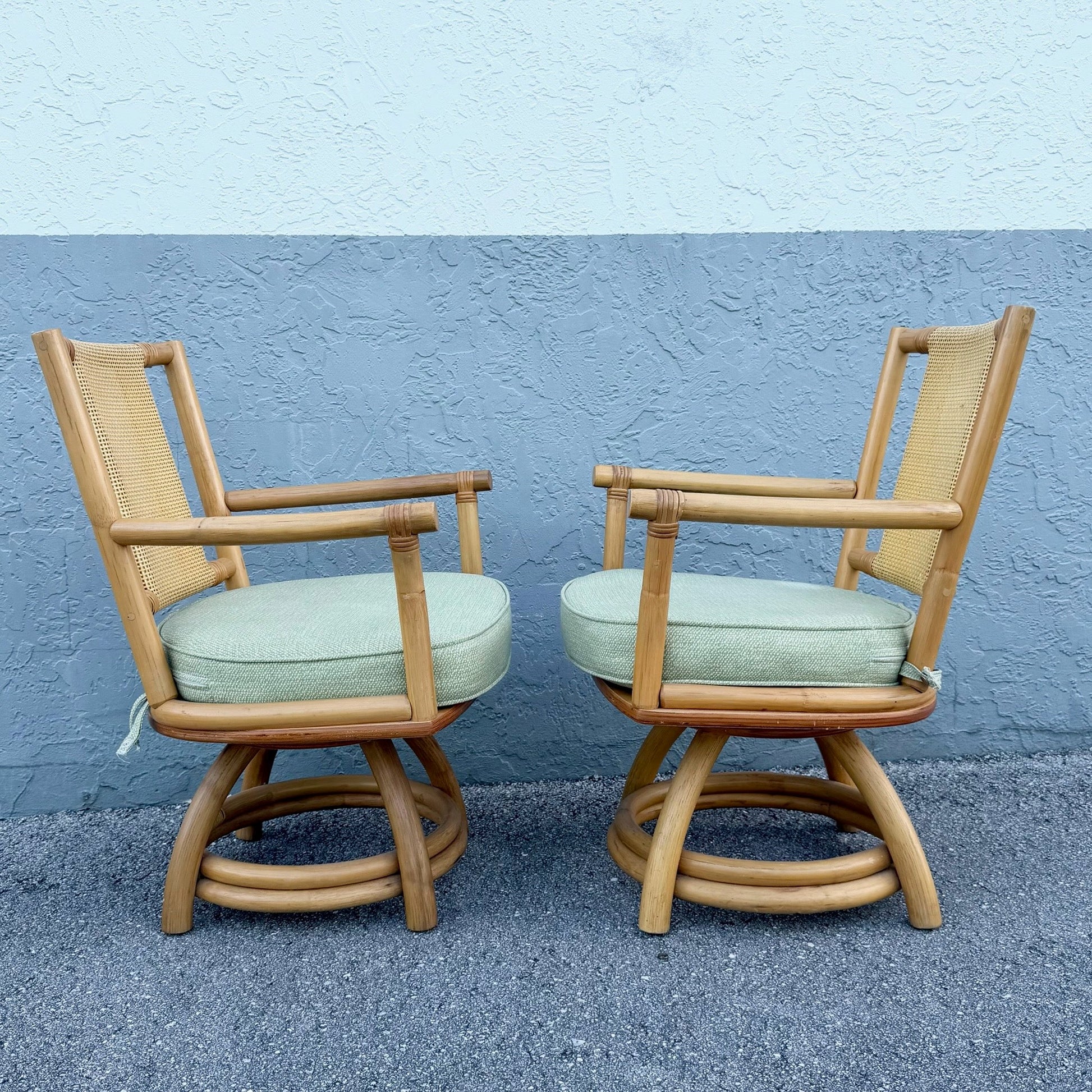 Boho Chic Rattan Cane Back Swivel Dining Arm Chairs - Set of 4 Dolphin & Flamingo