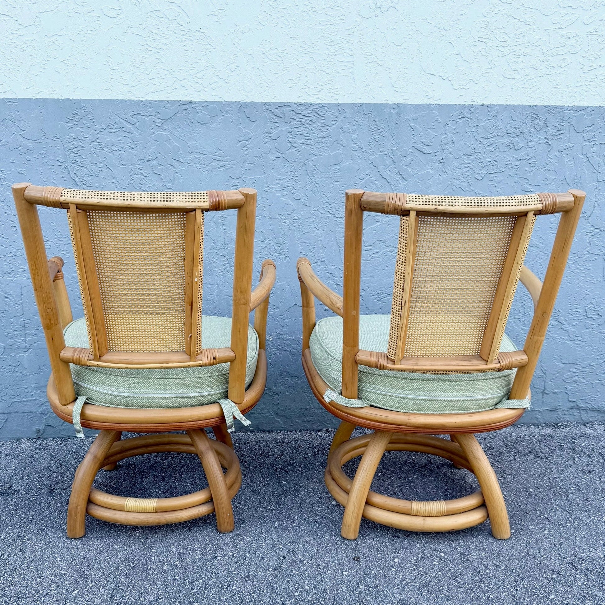 Boho Chic Rattan Cane Back Swivel Dining Arm Chairs - Set of 4 Dolphin & Flamingo