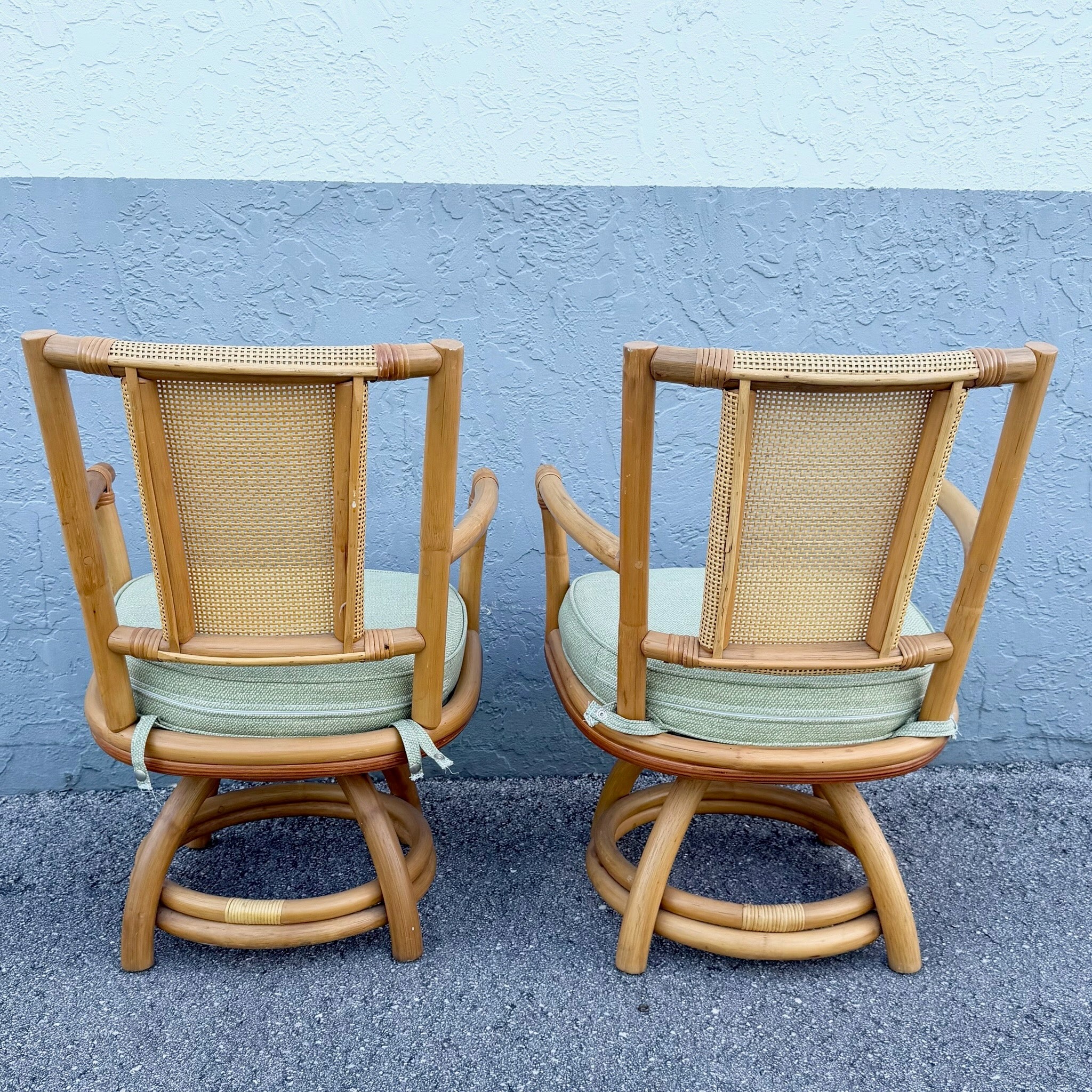 Boho Chic Rattan Cane Back Swivel Dining Arm Chairs - Set of 4 Dolphin & Flamingo