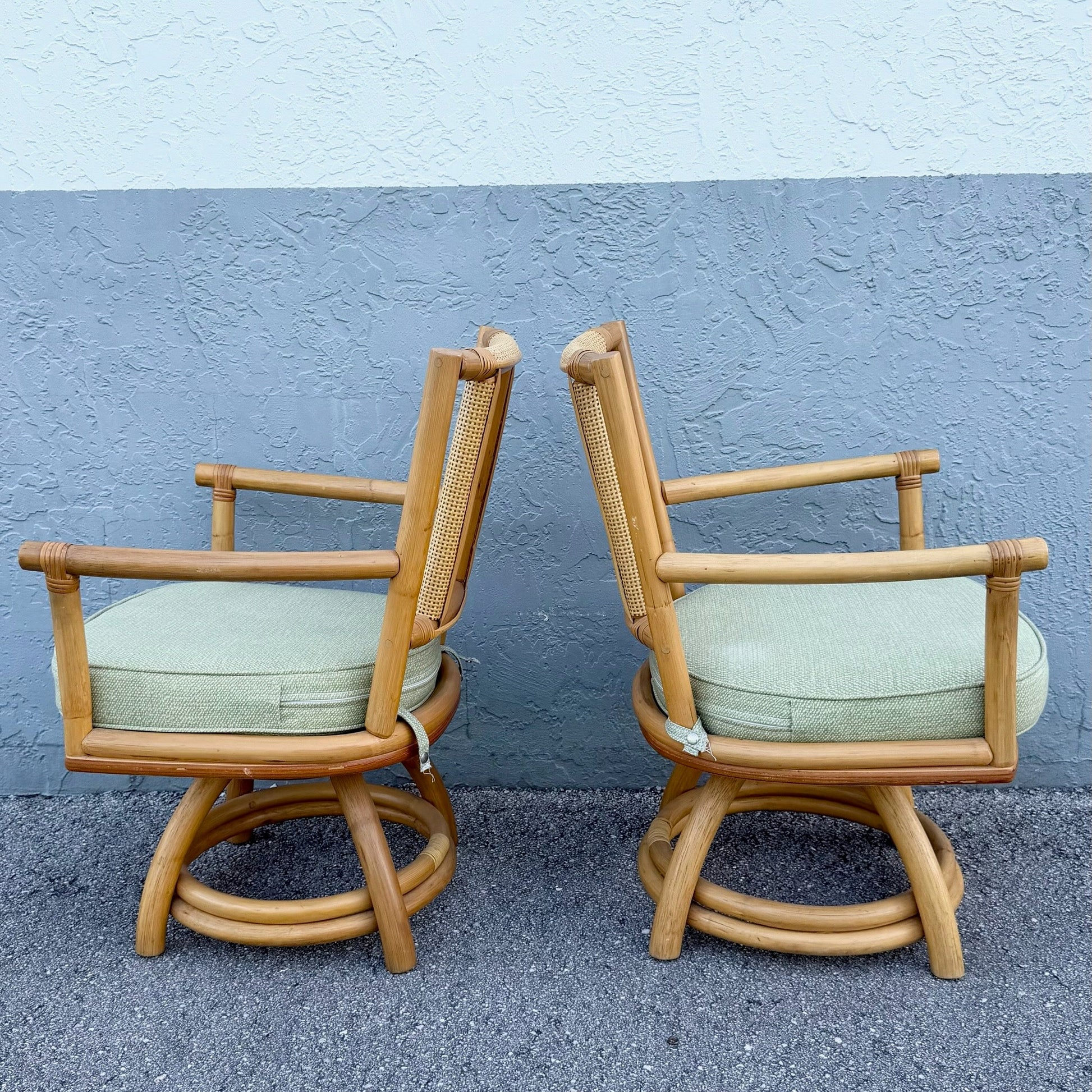Boho Chic Rattan Cane Back Swivel Dining Arm Chairs - Set of 4 Dolphin & Flamingo