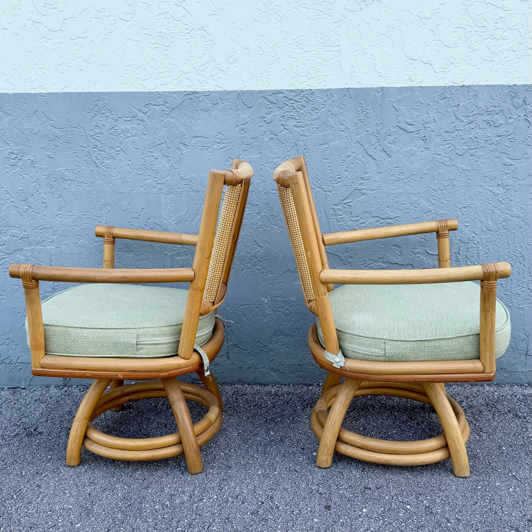 Boho Chic Rattan Cane Back Swivel Dining Arm Chairs - Set of 4 Dolphin & Flamingo