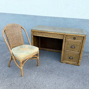 Boho Chic Woven Wicker Glass Top Writing Desk With Chair - 2 Pieces Dolphin & Flamingo