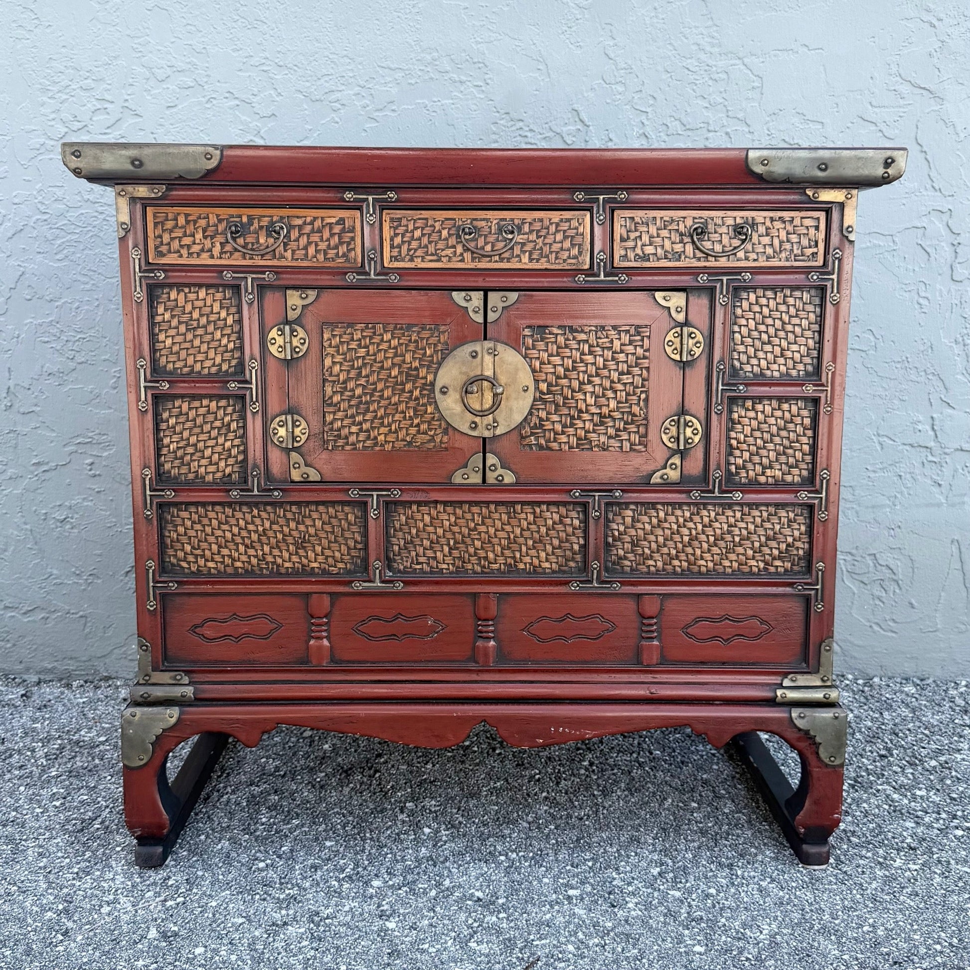 Vintage Chinese Tansu Style Wooden Cabinet Dolphin & Flamingo