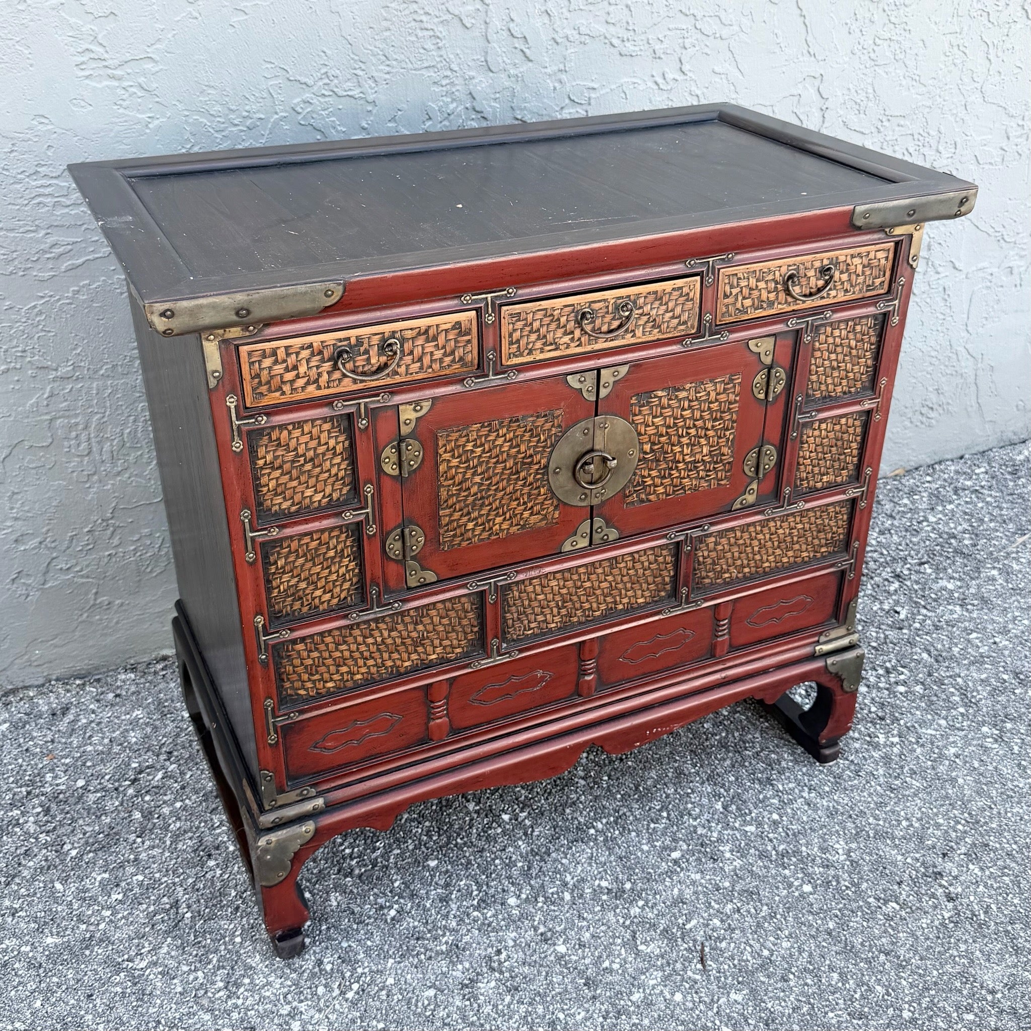Vintage Chinese Tansu Style Wooden Cabinet Dolphin & Flamingo