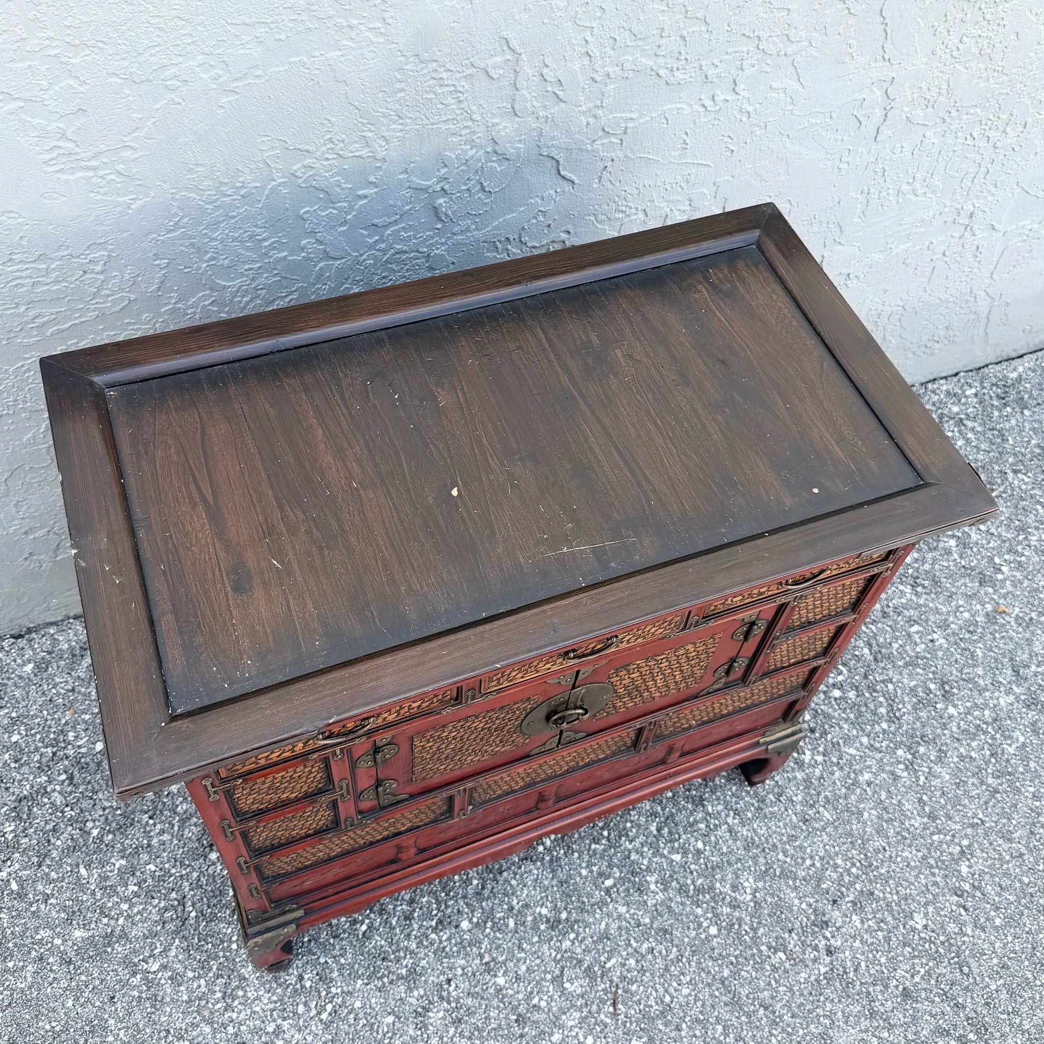 Vintage Chinese Tansu Style Wooden Cabinet Dolphin & Flamingo