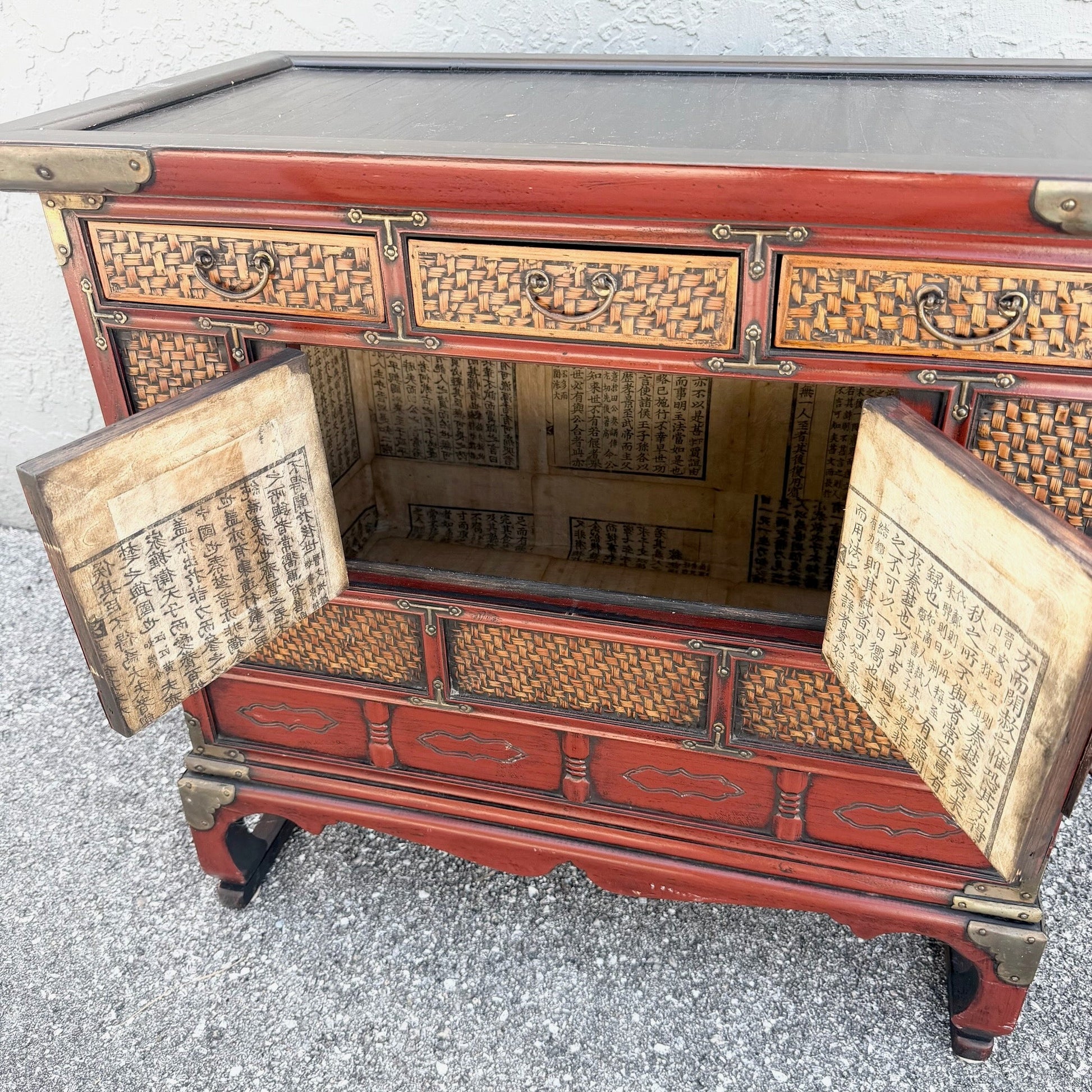 Vintage Chinese Tansu Style Wooden Cabinet Dolphin & Flamingo