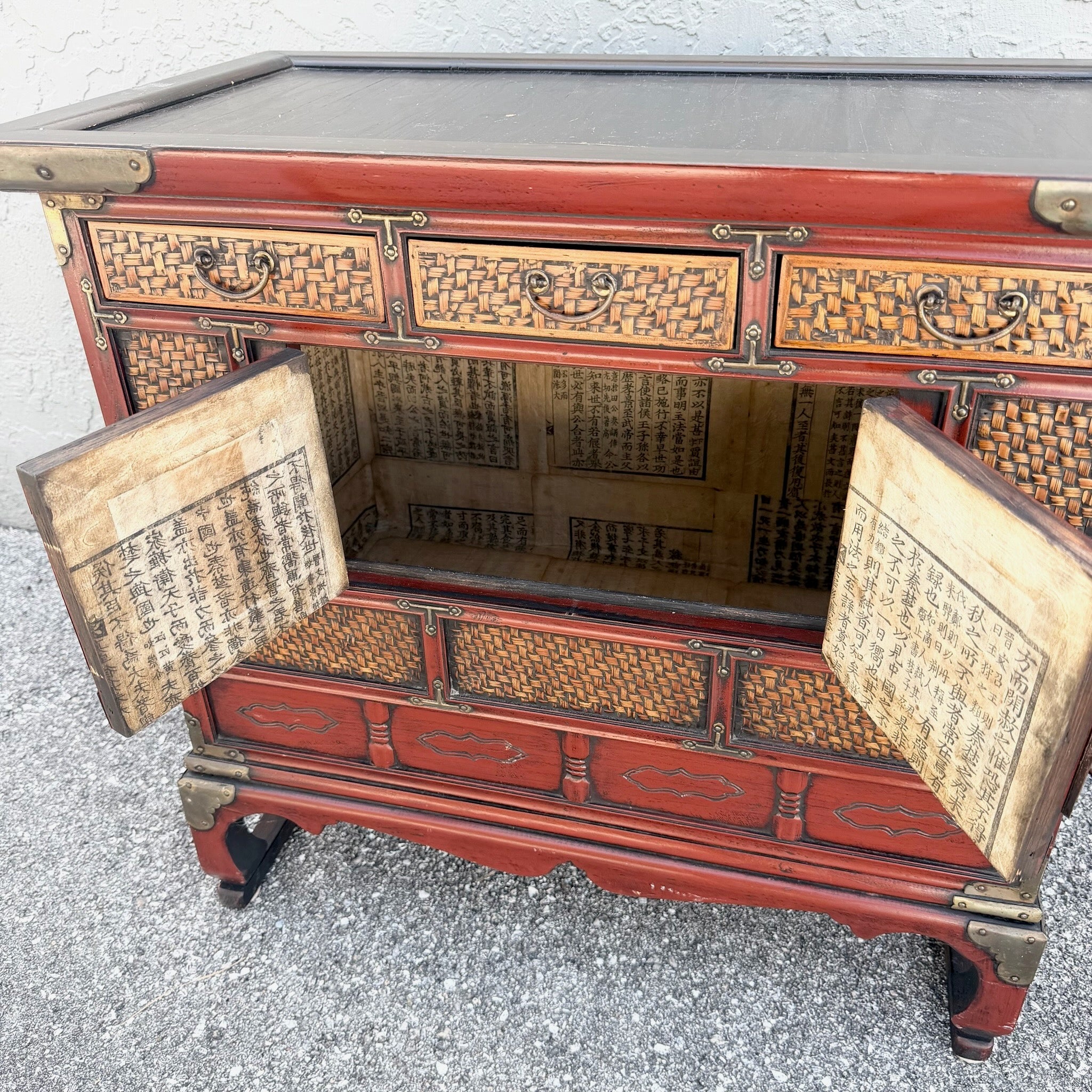Vintage Chinese Tansu Style Wooden Cabinet Dolphin & Flamingo