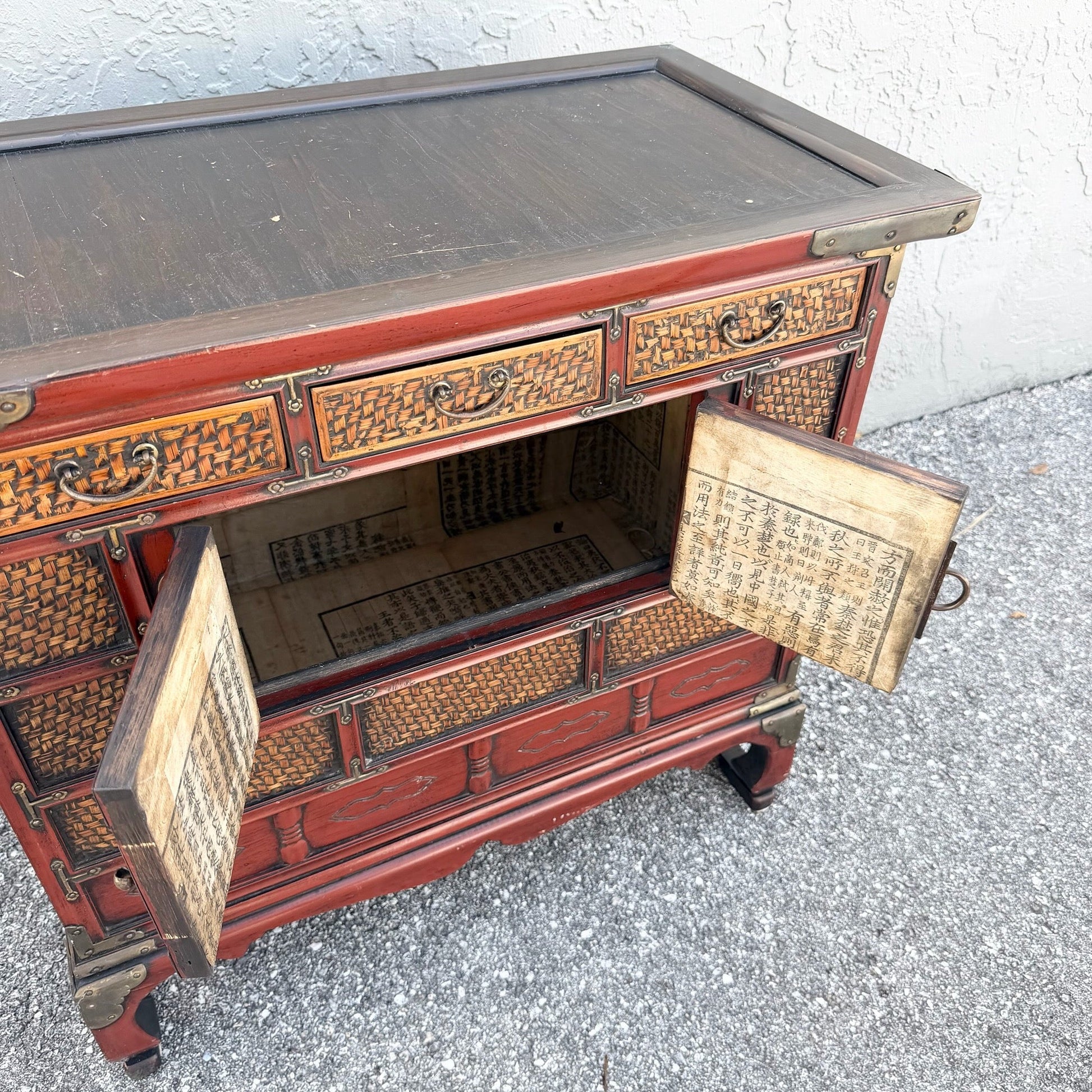 Vintage Chinese Tansu Style Wooden Cabinet Dolphin & Flamingo