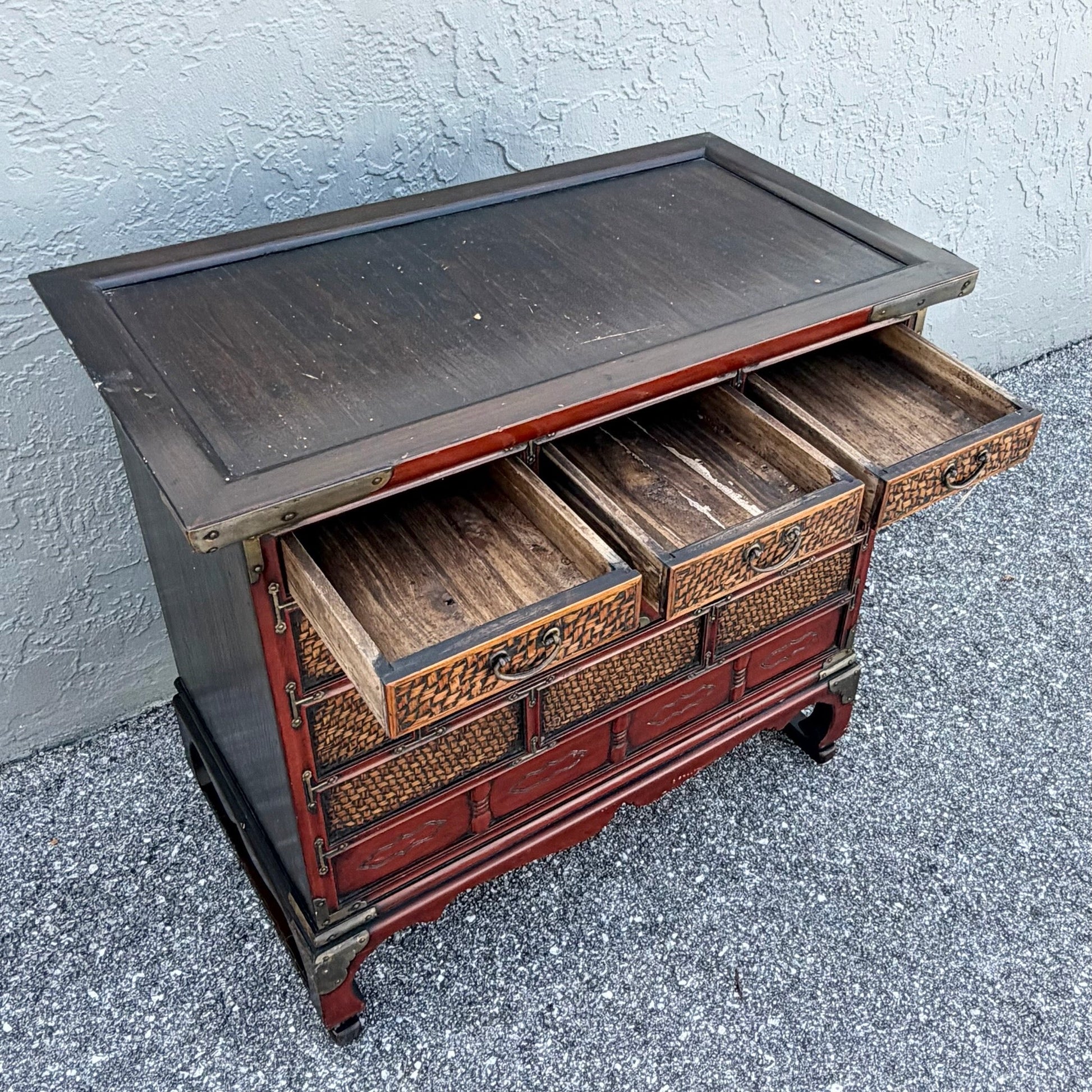 Vintage Chinese Tansu Style Wooden Cabinet Dolphin & Flamingo