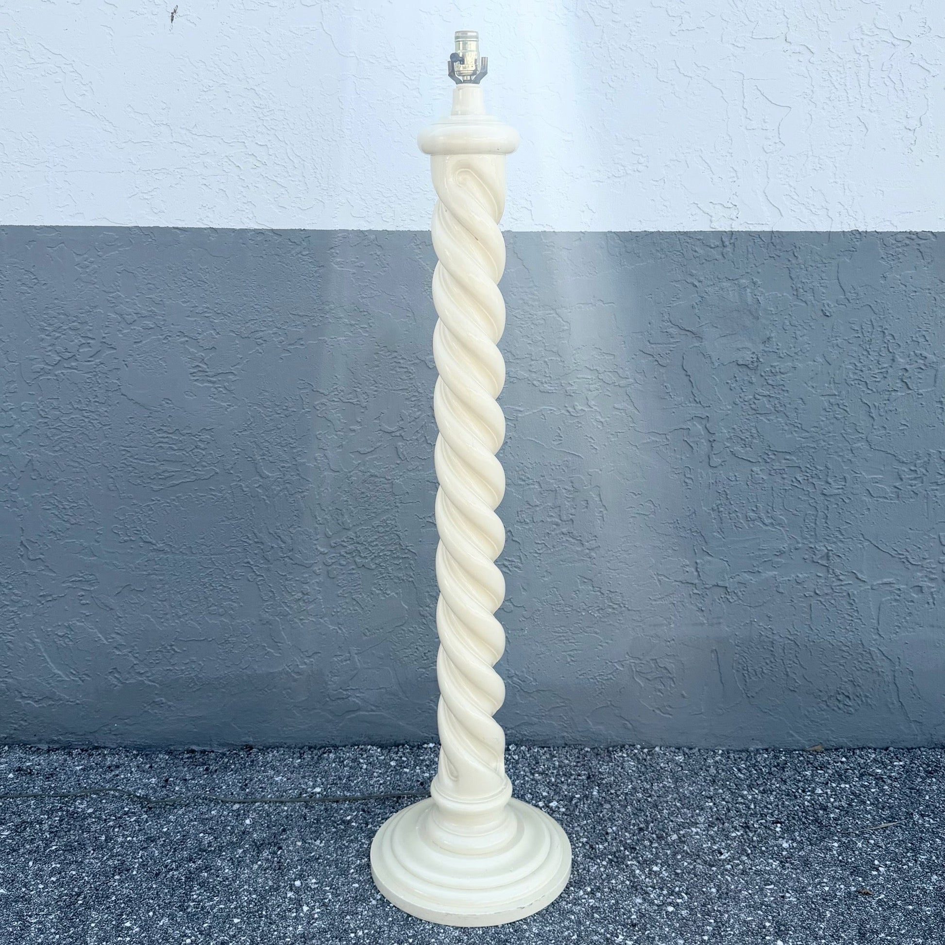 Mid 20th Century Postmodern Cream Spiral Wooden Floor Lamp Dolphin & Flamingo