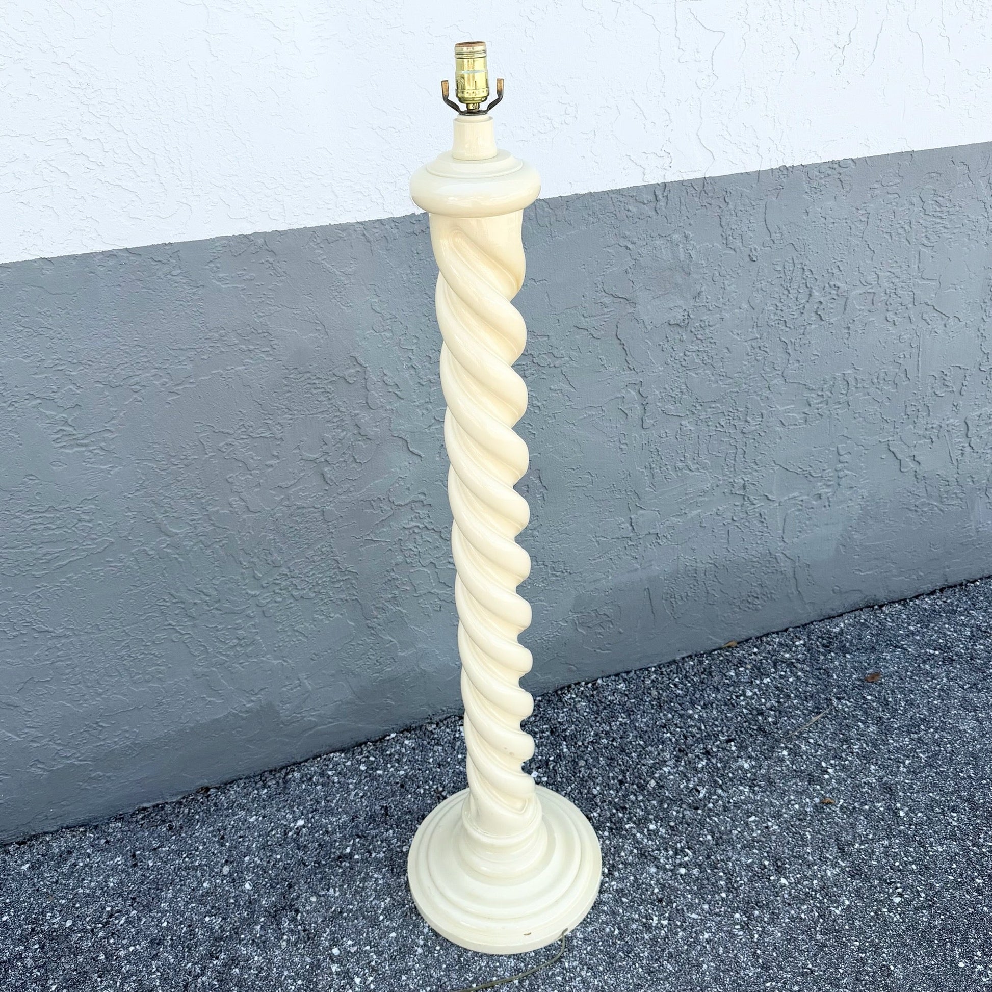 Mid 20th Century Postmodern Cream Spiral Wooden Floor Lamp Dolphin & Flamingo