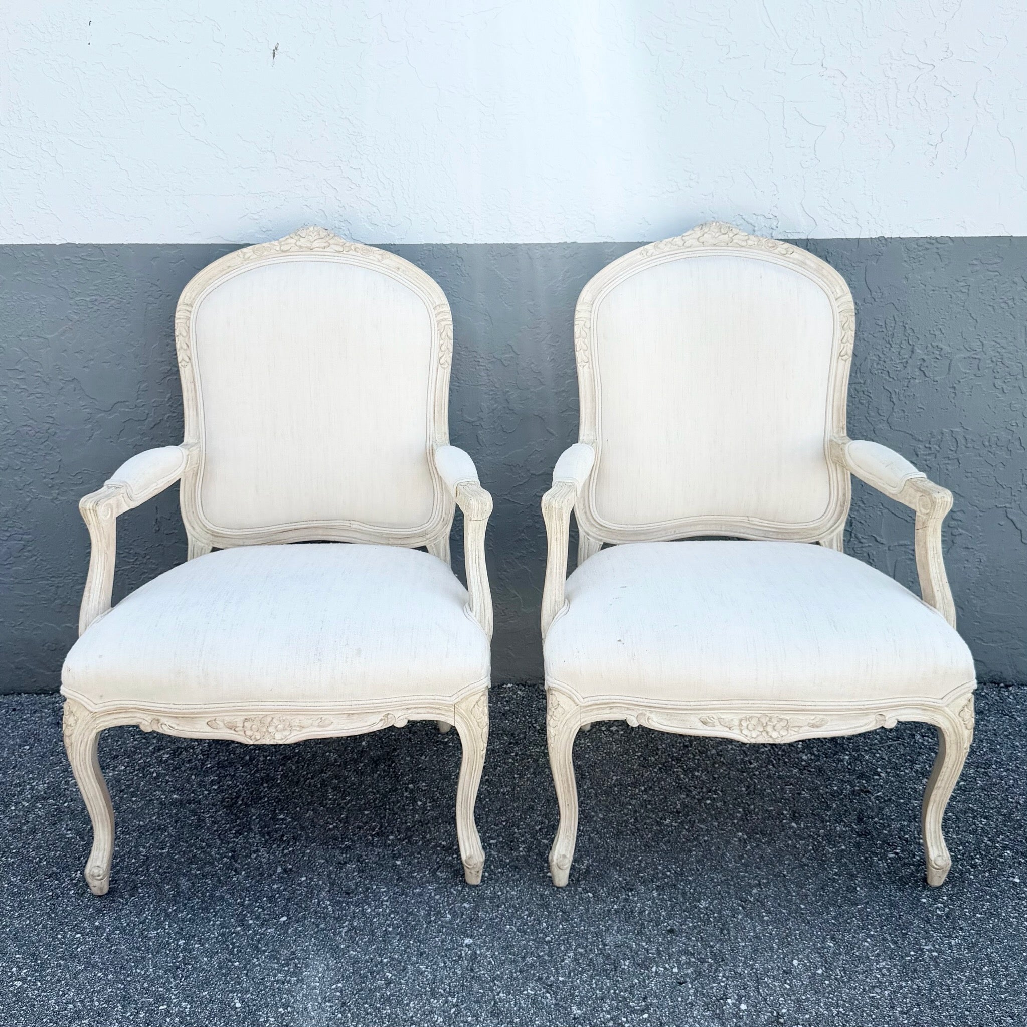 Vintage Cream and White French Provincial Lounge Chairs - A Pair Dolphin & Flamingo