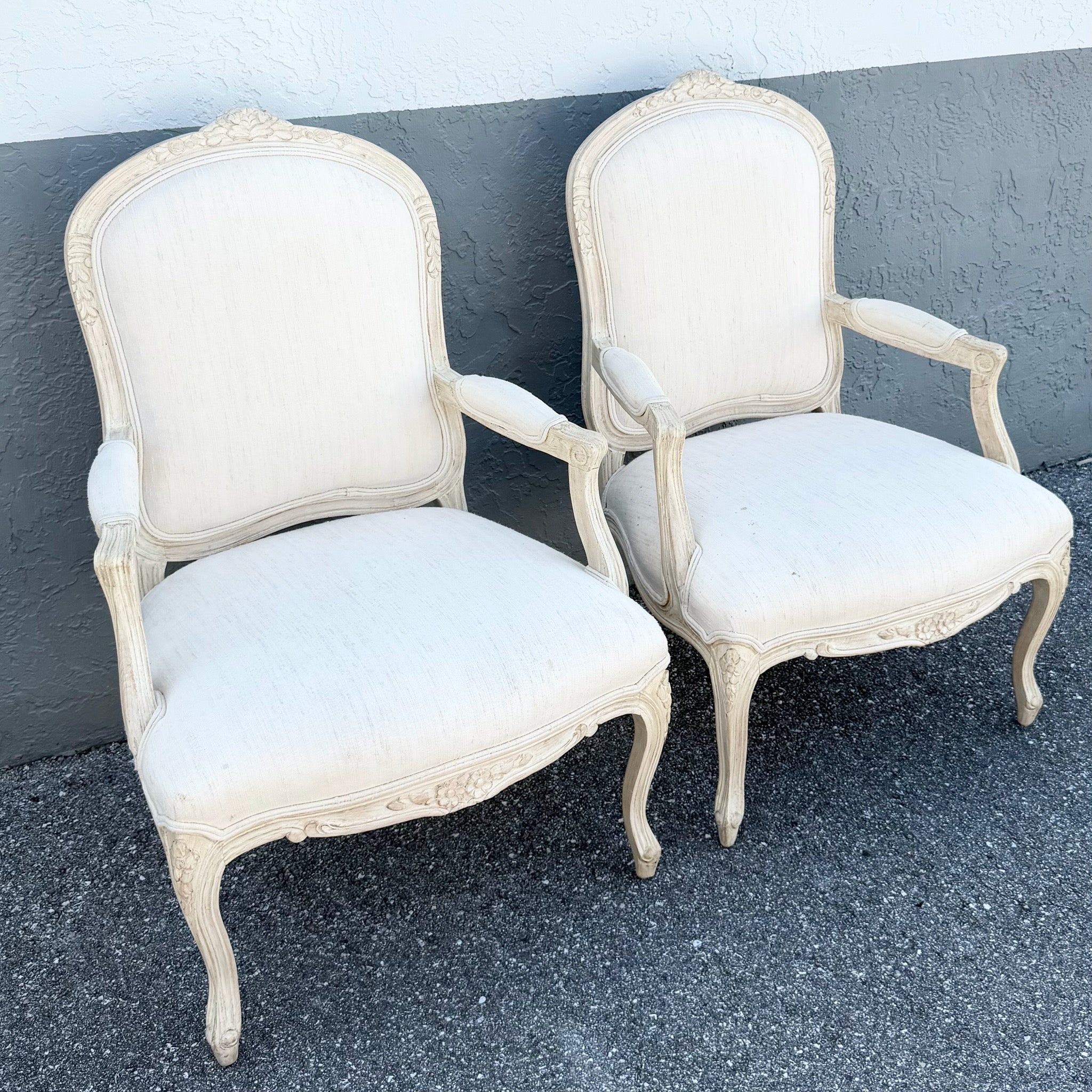 Vintage Cream and White French Provincial Lounge Chairs - A Pair Dolphin & Flamingo