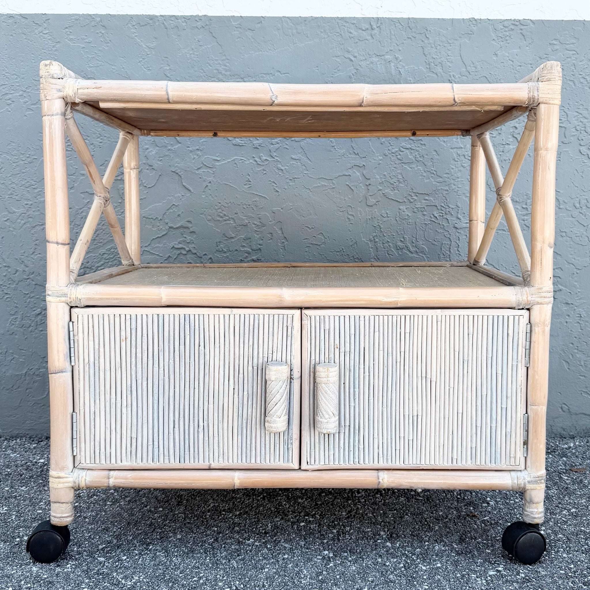 Boho Chic White Washed Bamboo Reed and Grass Cloth Bar Cart Dolphin & Flamingo