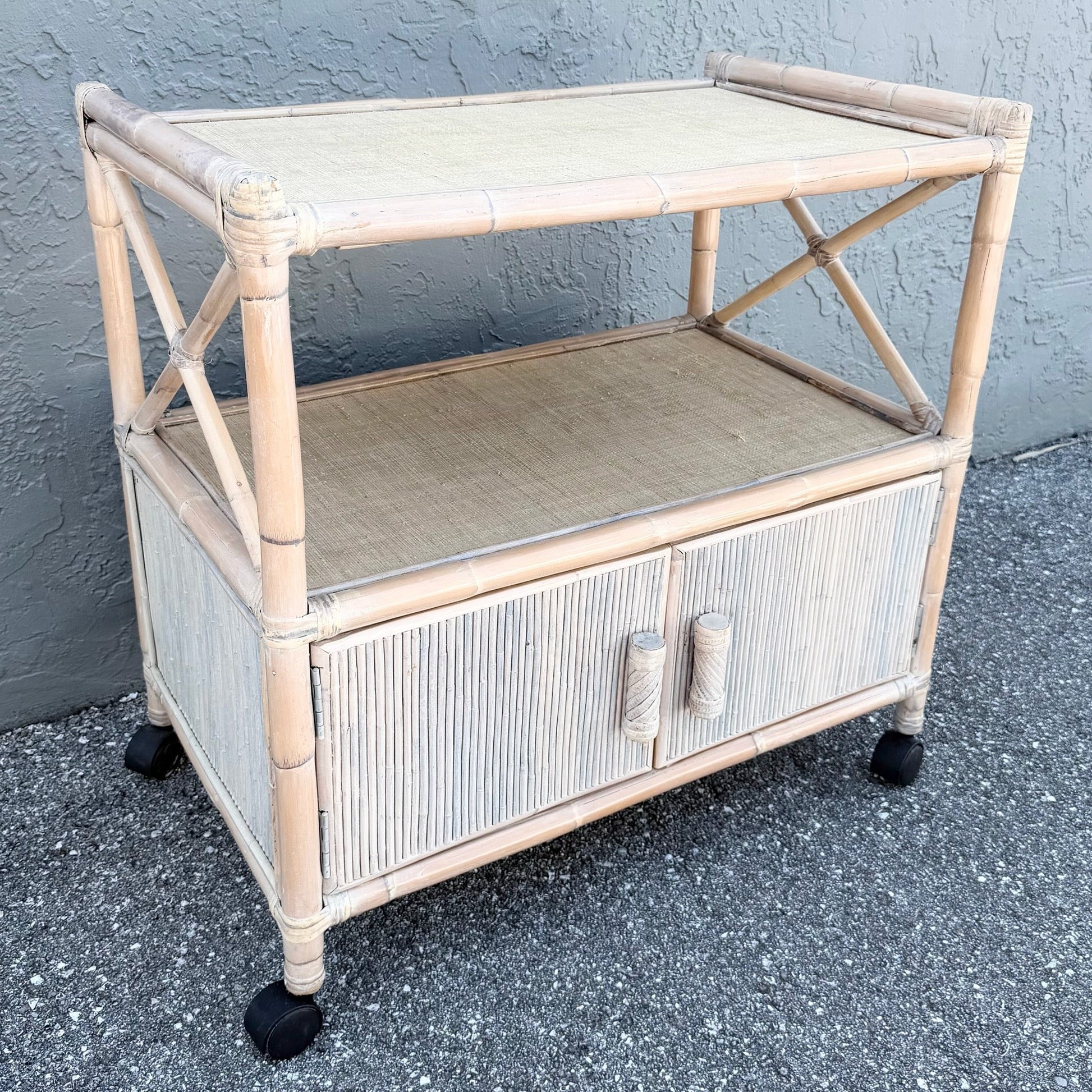 Boho Chic White Washed Bamboo Reed and Grass Cloth Bar Cart Dolphin & Flamingo