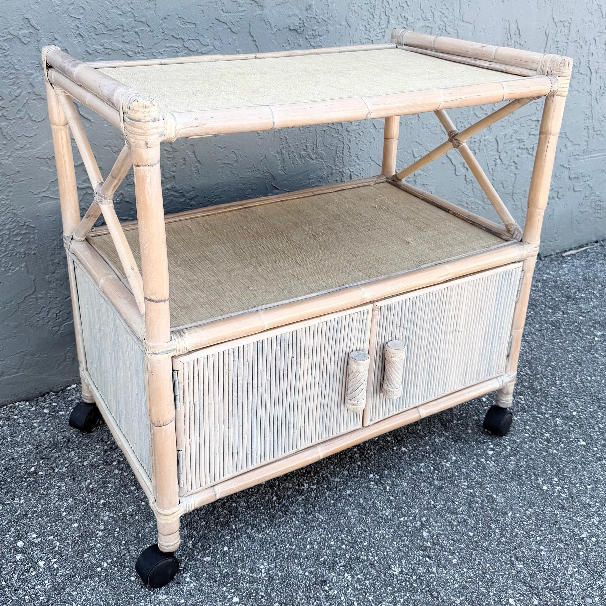 Boho Chic White Washed Bamboo Reed and Grass Cloth Bar Cart Dolphin & Flamingo