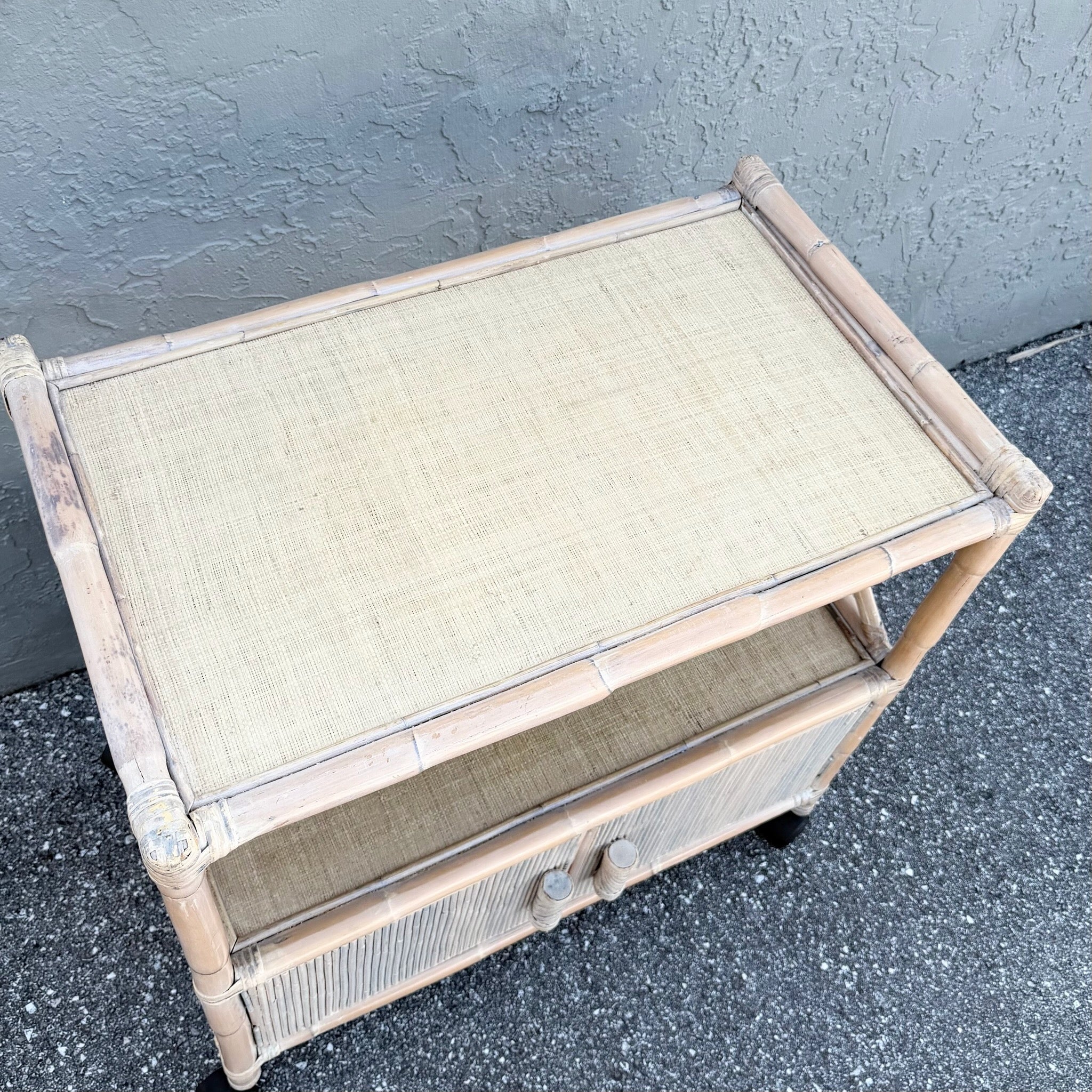 Boho Chic White Washed Bamboo Reed and Grass Cloth Bar Cart Dolphin & Flamingo