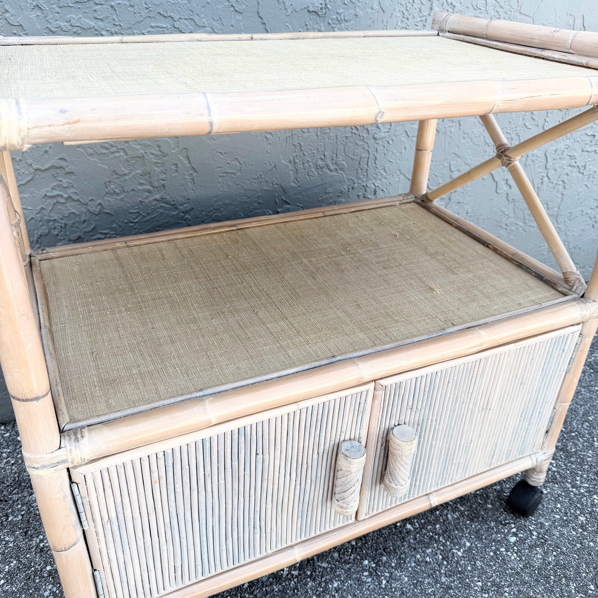 Boho Chic White Washed Bamboo Reed and Grass Cloth Bar Cart Dolphin & Flamingo