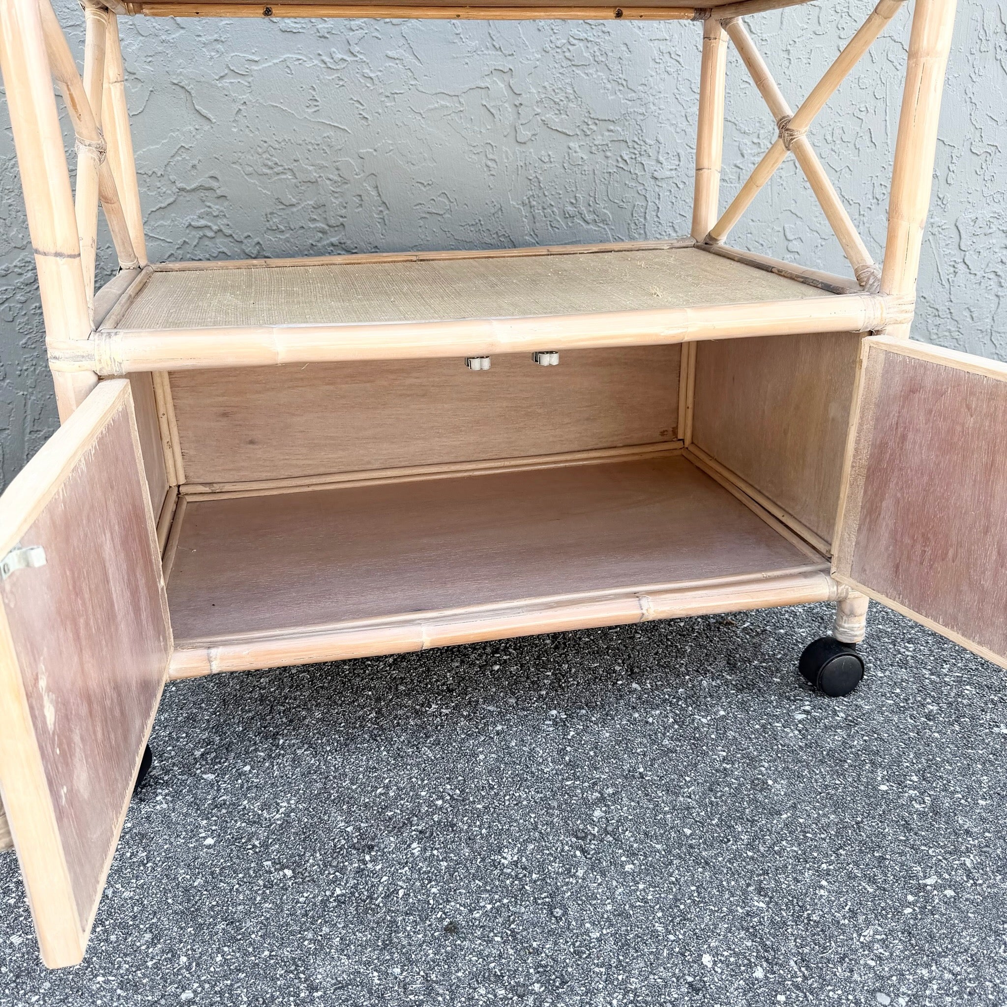 Boho Chic White Washed Bamboo Reed and Grass Cloth Bar Cart Dolphin & Flamingo