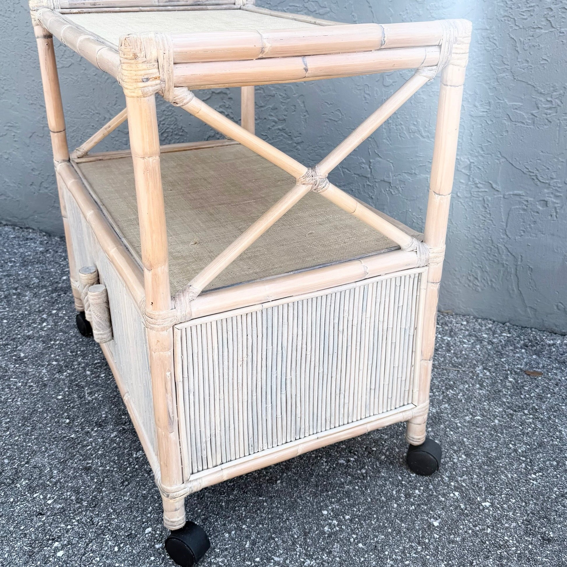 Boho Chic White Washed Bamboo Reed and Grass Cloth Bar Cart Dolphin & Flamingo