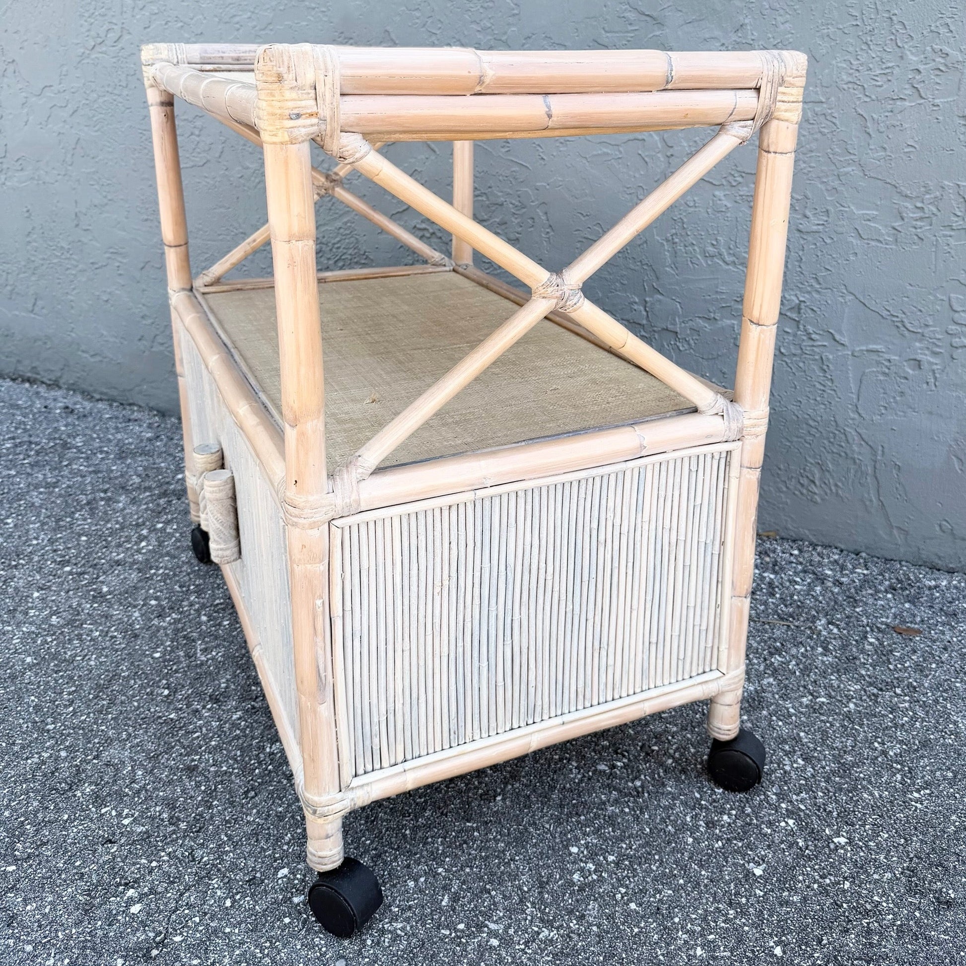 Boho Chic White Washed Bamboo Reed and Grass Cloth Bar Cart Dolphin & Flamingo