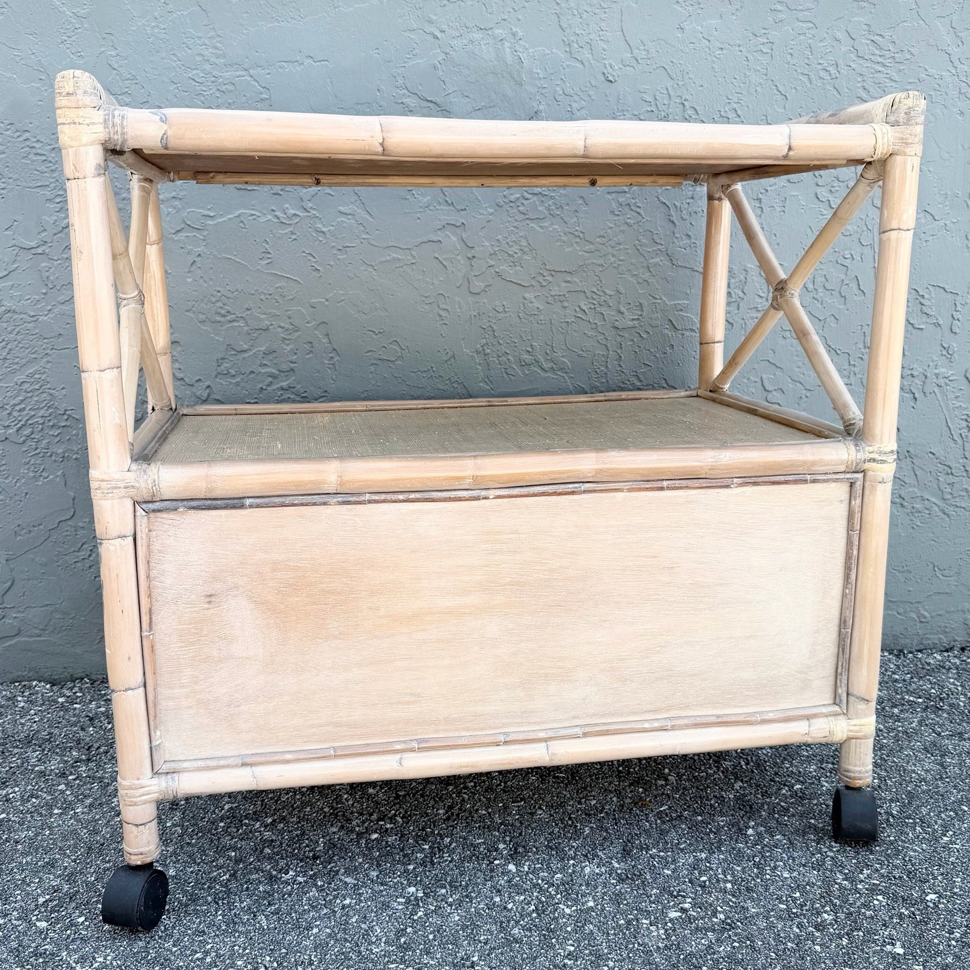 Boho Chic White Washed Bamboo Reed and Grass Cloth Bar Cart Dolphin & Flamingo