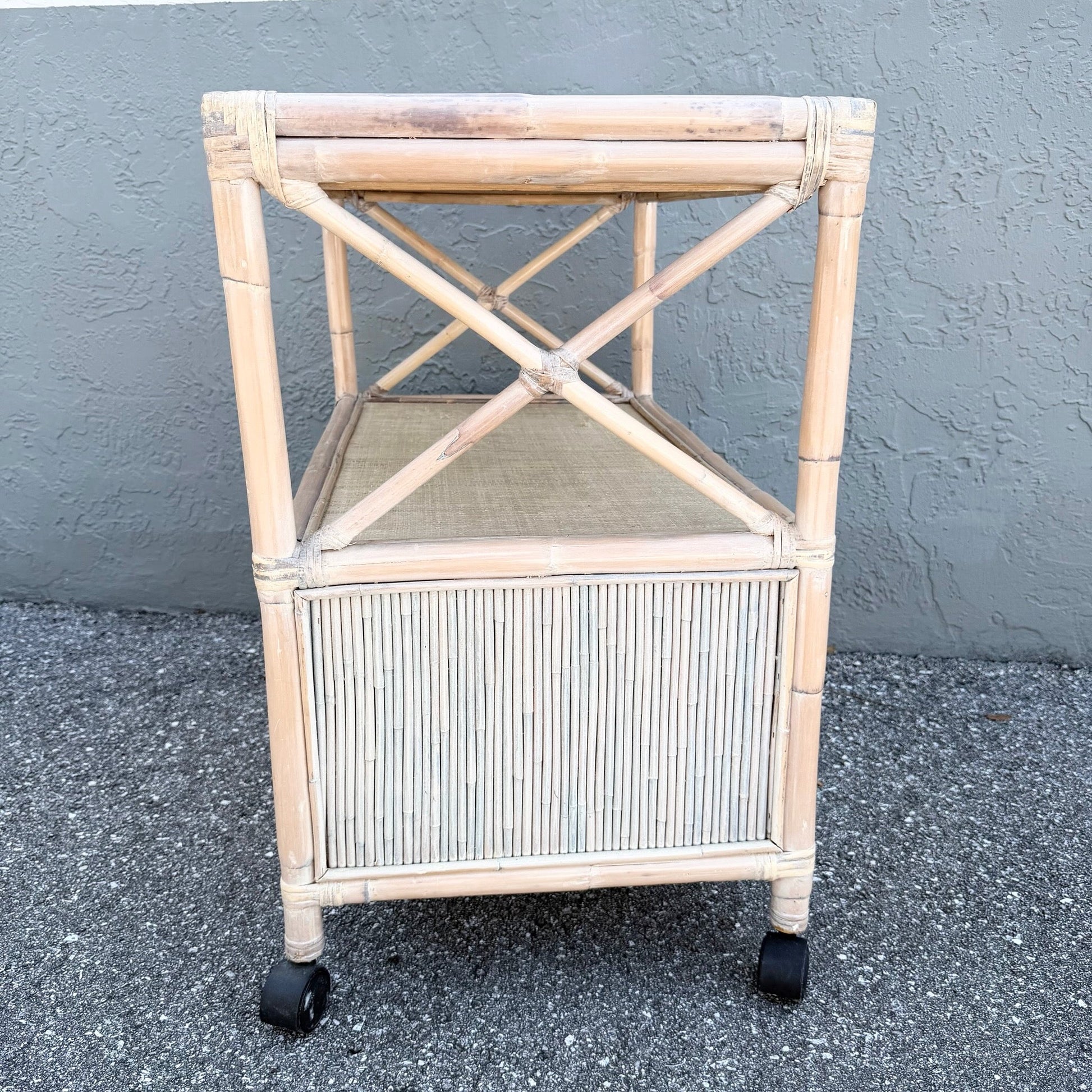 Boho Chic White Washed Bamboo Reed and Grass Cloth Bar Cart Dolphin & Flamingo
