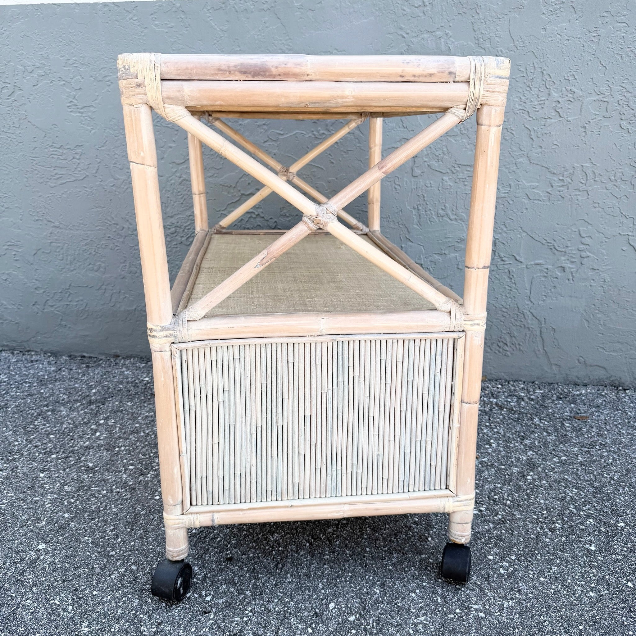 Boho Chic White Washed Bamboo Reed and Grass Cloth Bar Cart Dolphin & Flamingo