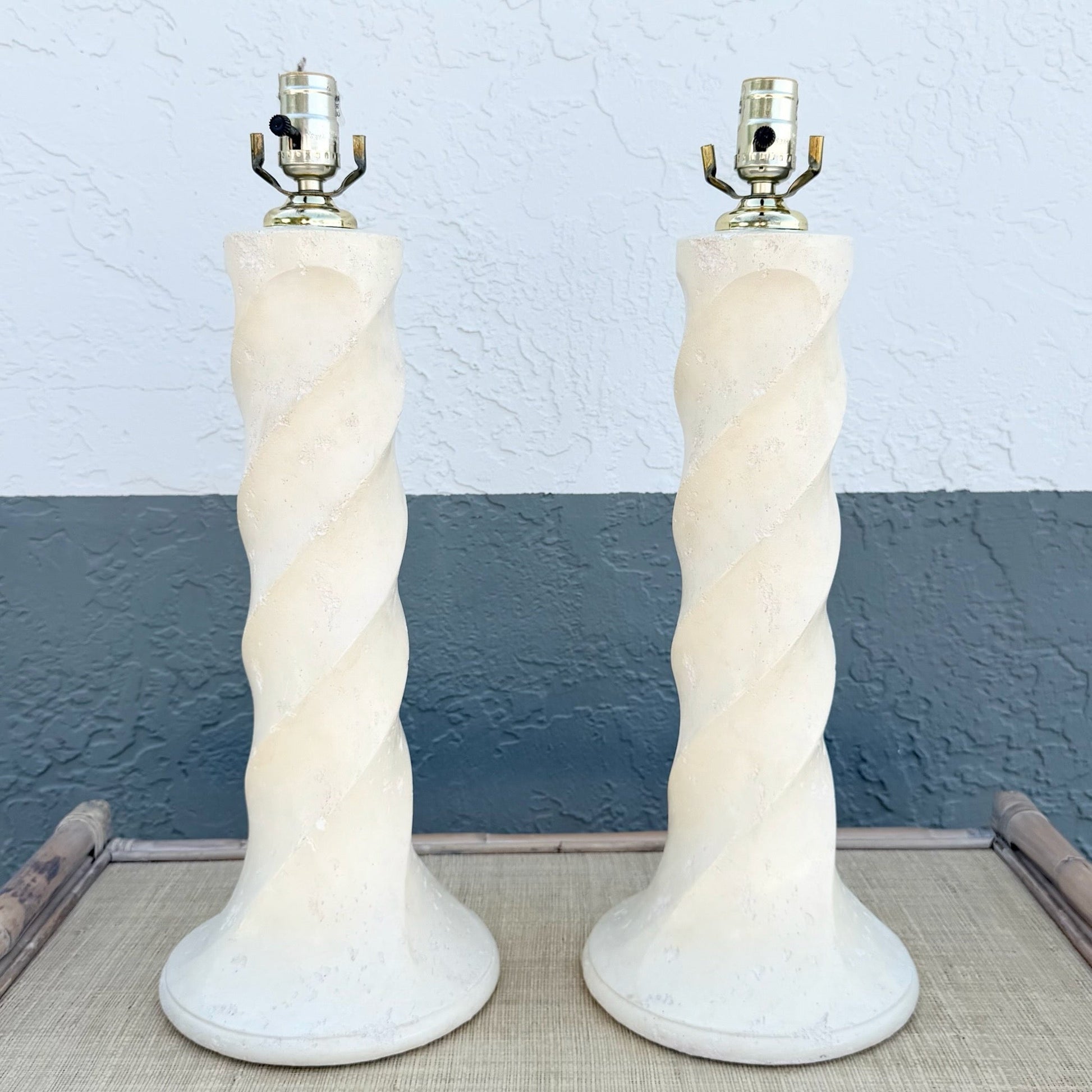 1980s Postmodern Twisted Cream Textured Plaster Table Lamps - A Pair Dolphin & Flamingo