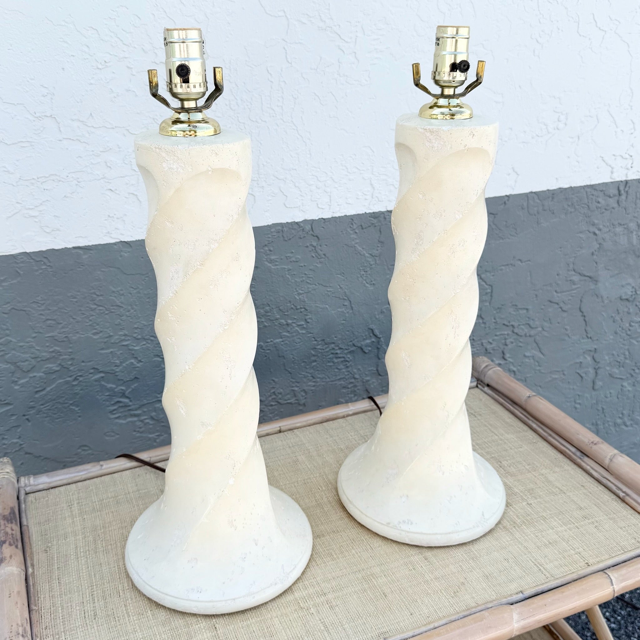 1980s Postmodern Twisted Cream Textured Plaster Table Lamps - A Pair Dolphin & Flamingo