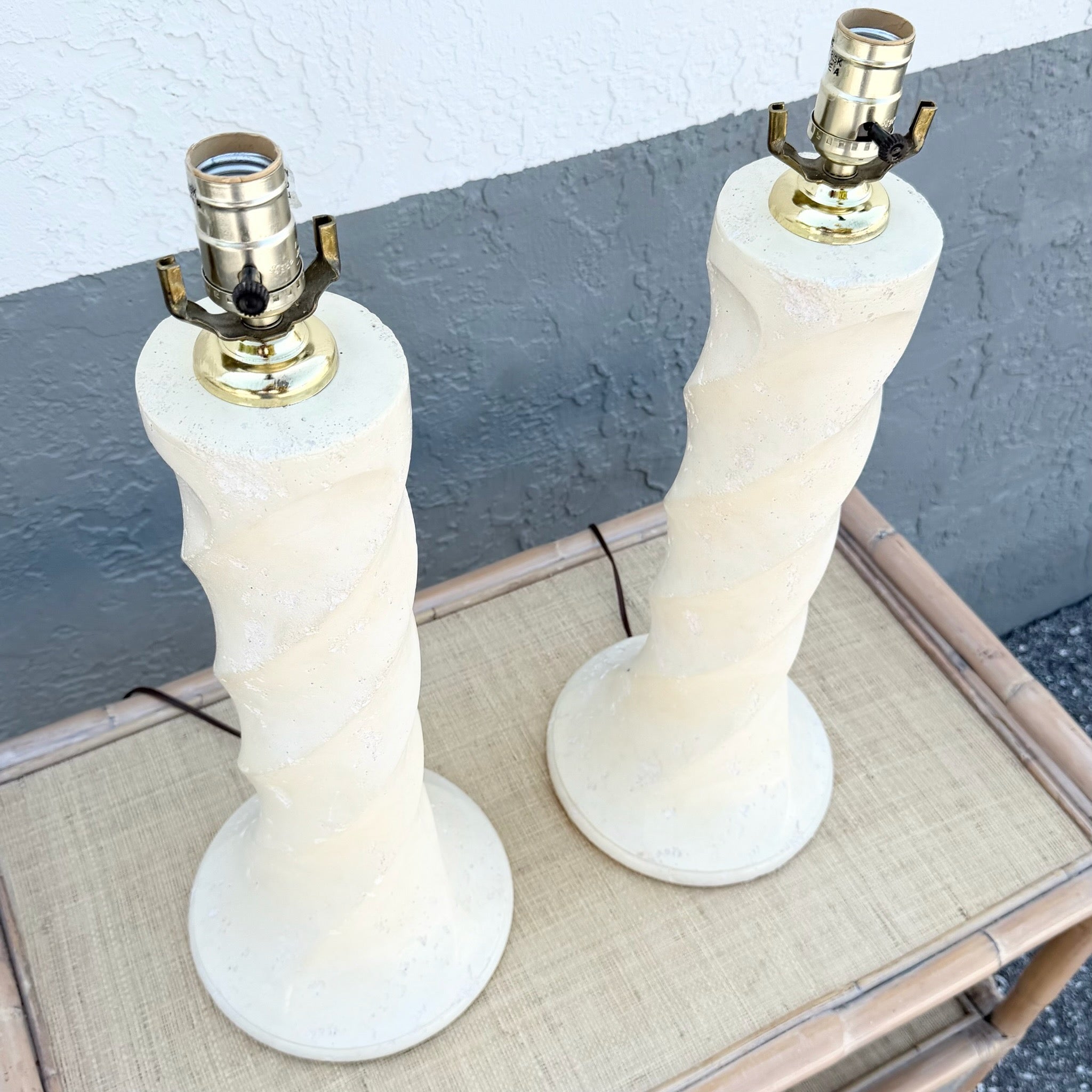 1980s Postmodern Twisted Cream Textured Plaster Table Lamps - A Pair Dolphin & Flamingo