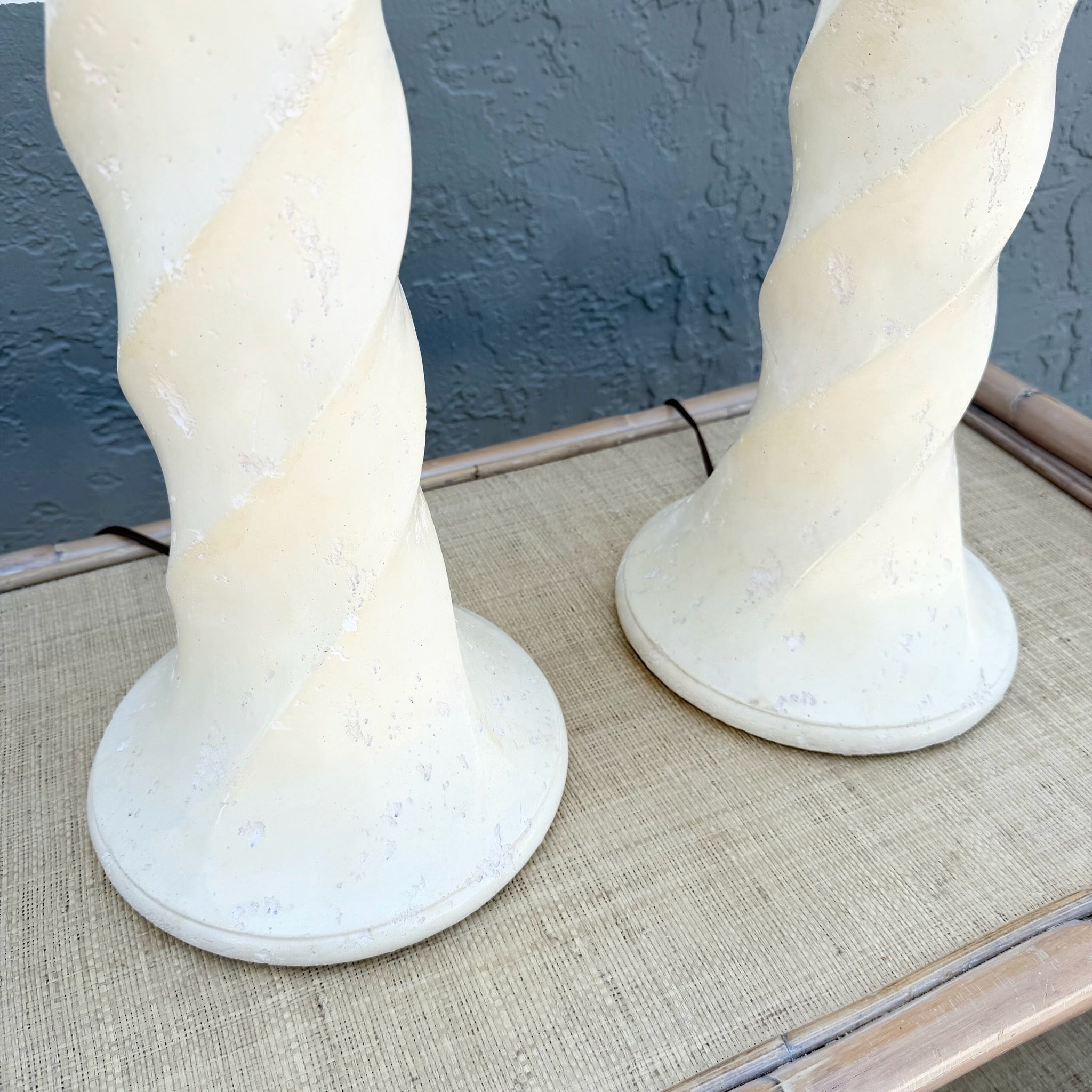 1980s Postmodern Twisted Cream Textured Plaster Table Lamps - A Pair Dolphin & Flamingo