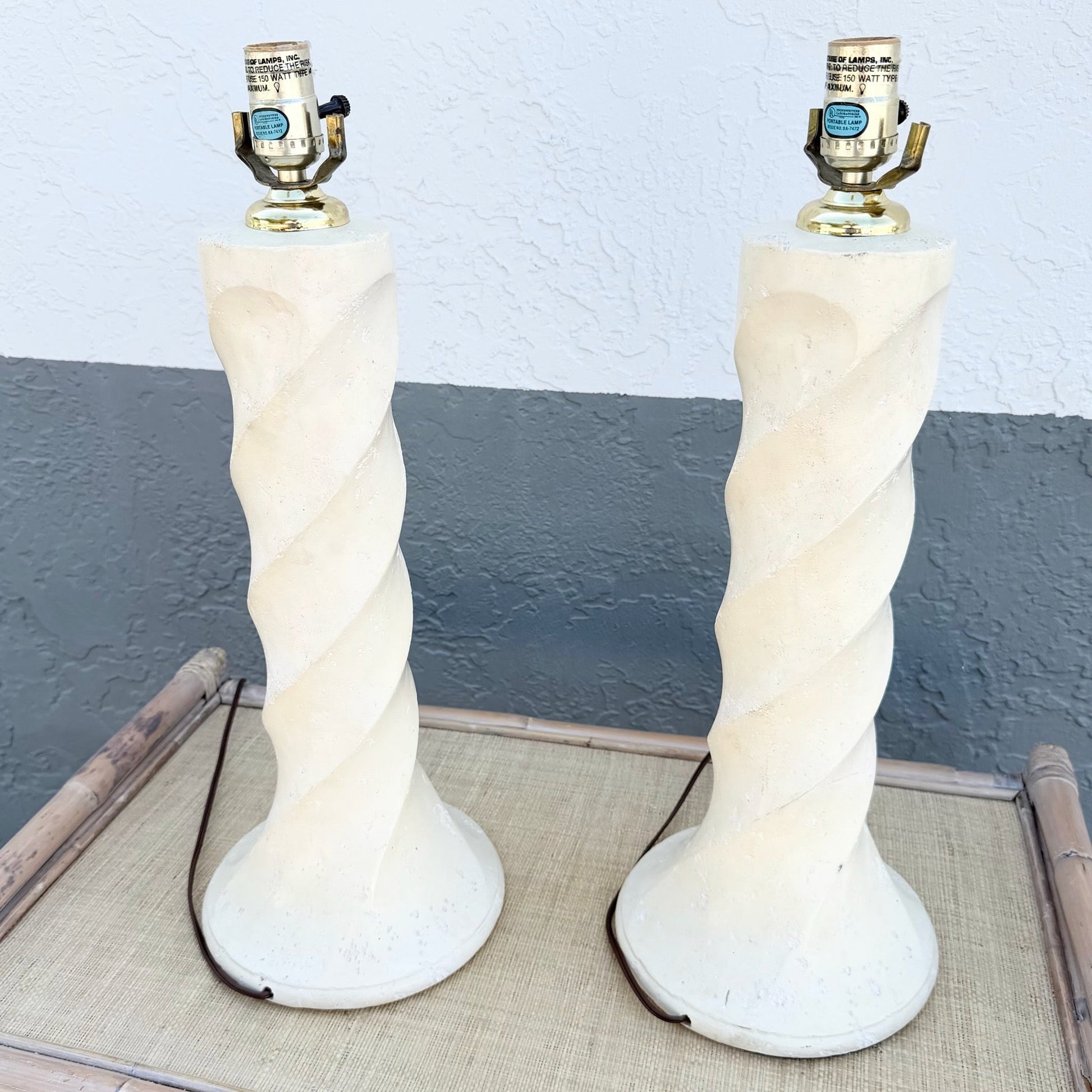 1980s Postmodern Twisted Cream Textured Plaster Table Lamps - A Pair Dolphin & Flamingo
