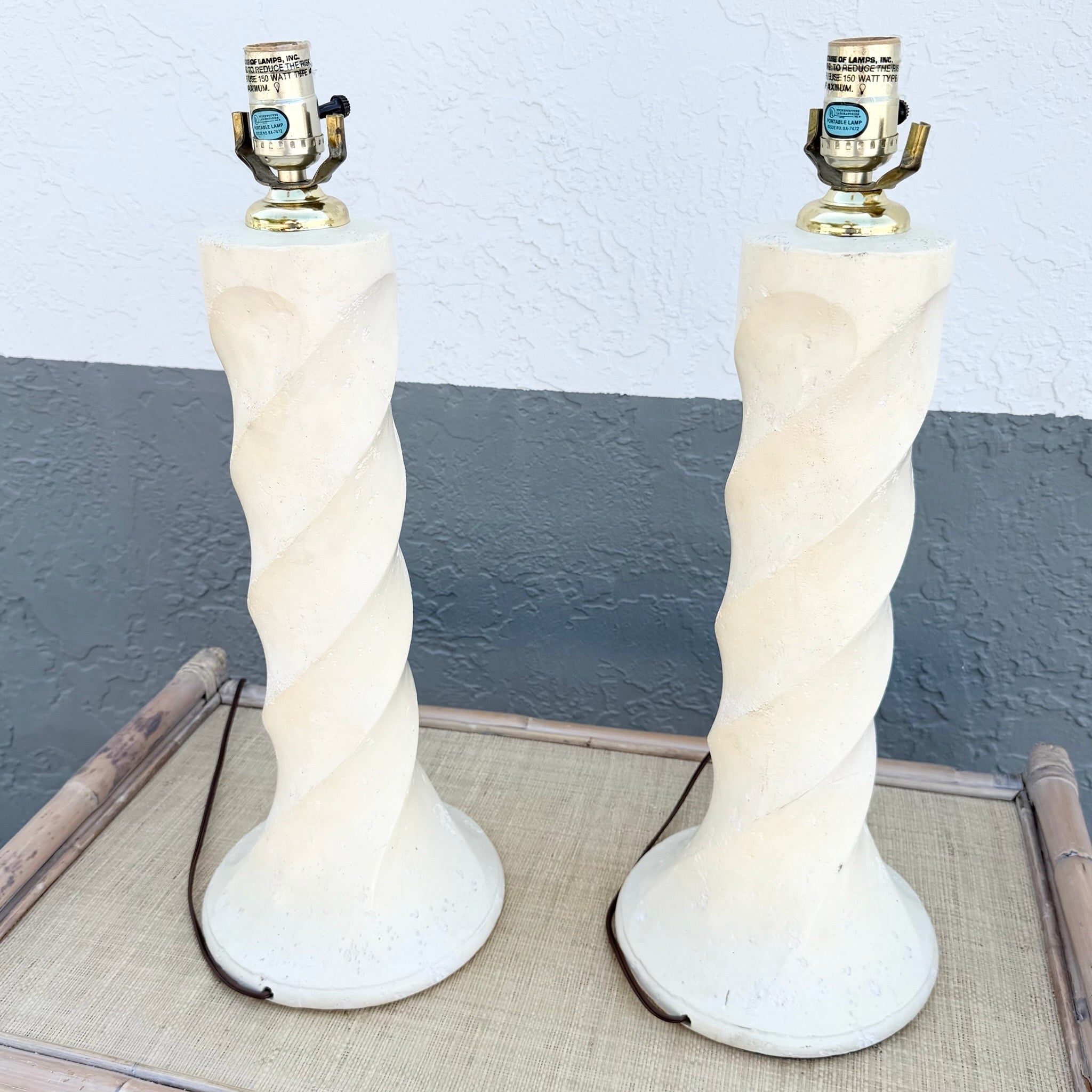 1980s Postmodern Twisted Cream Textured Plaster Table Lamps - A Pair Dolphin & Flamingo