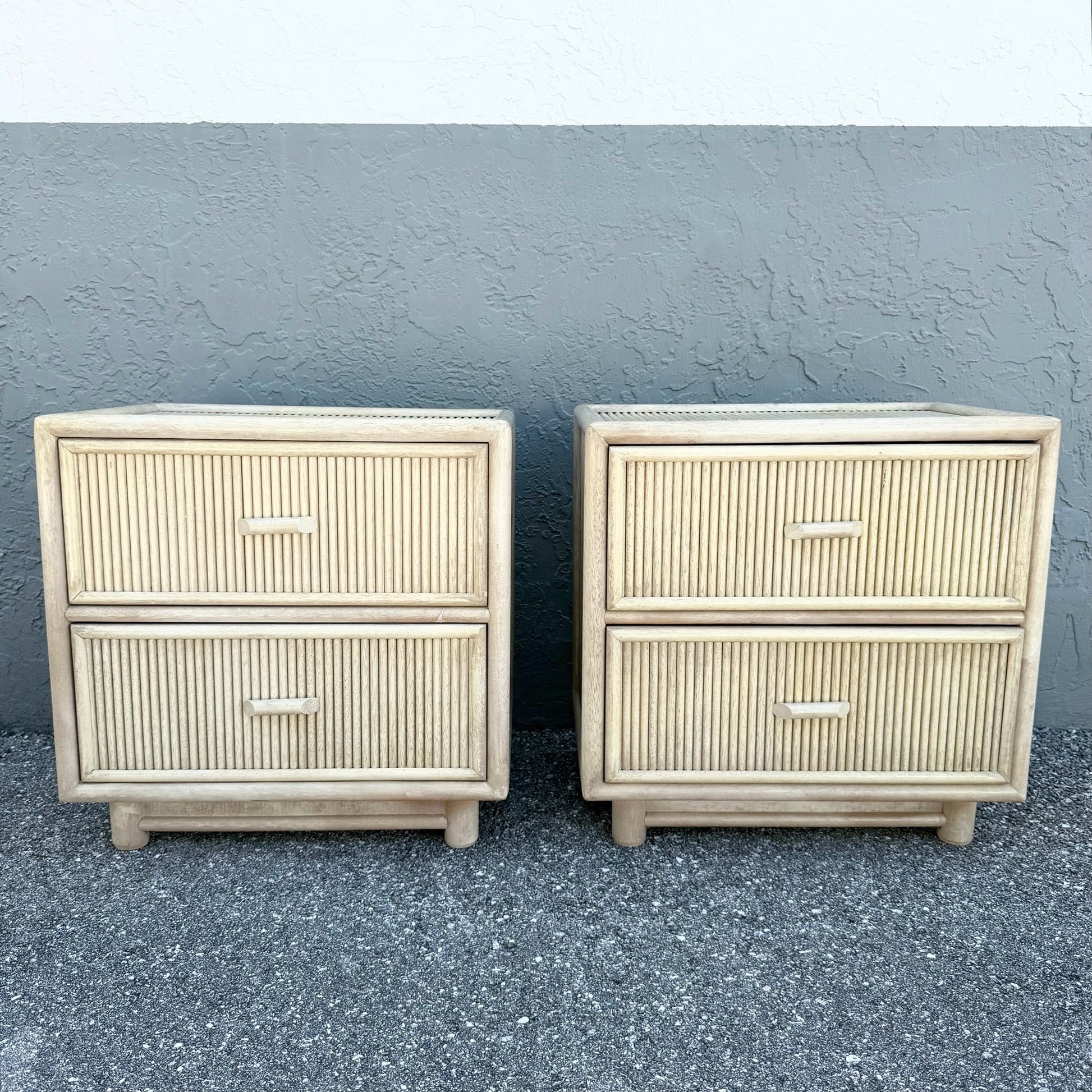 Boho Chic Cream Washed Rattan Nightstands - A Pair Dolphin & Flamingo