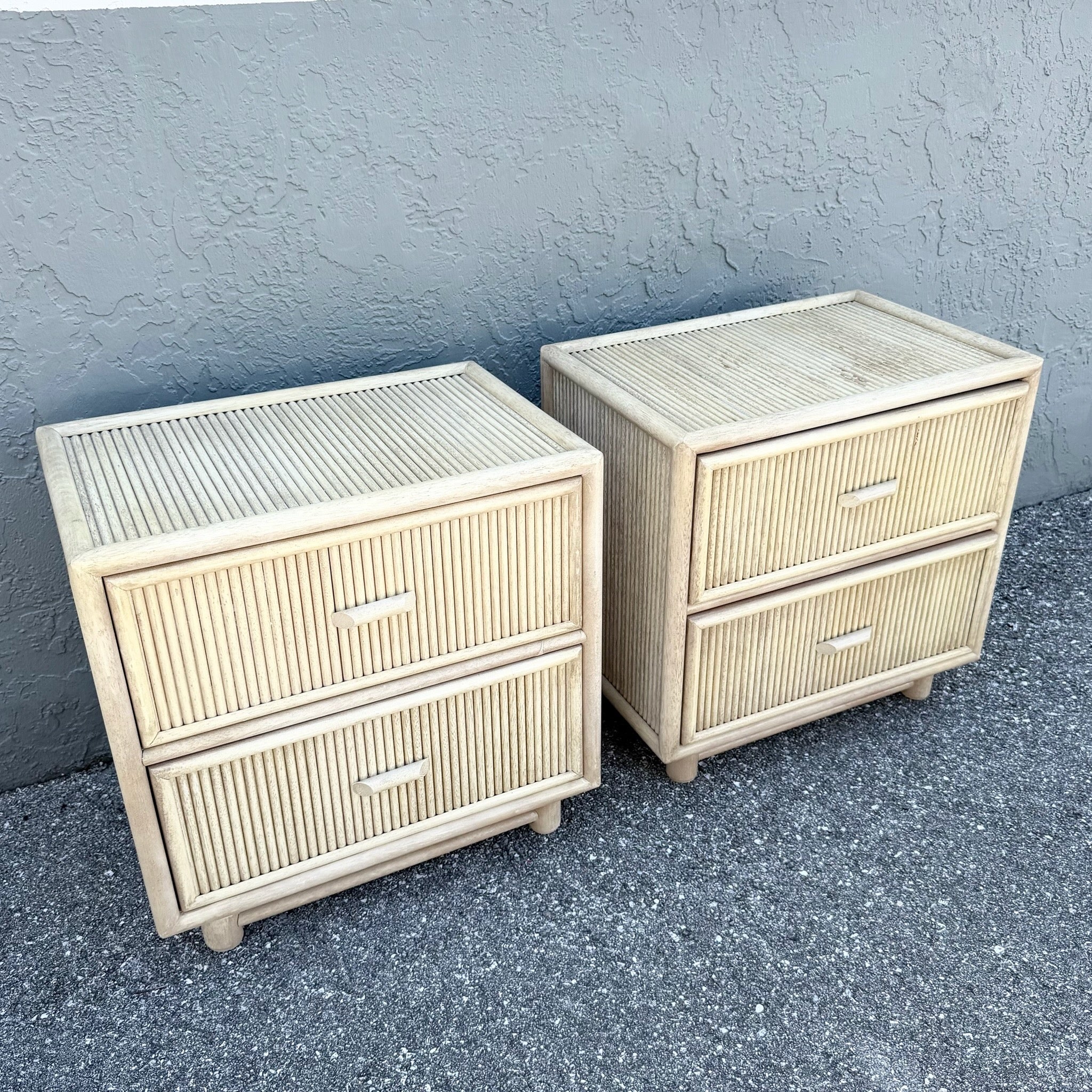 Boho Chic Cream Washed Rattan Nightstands - A Pair Dolphin & Flamingo