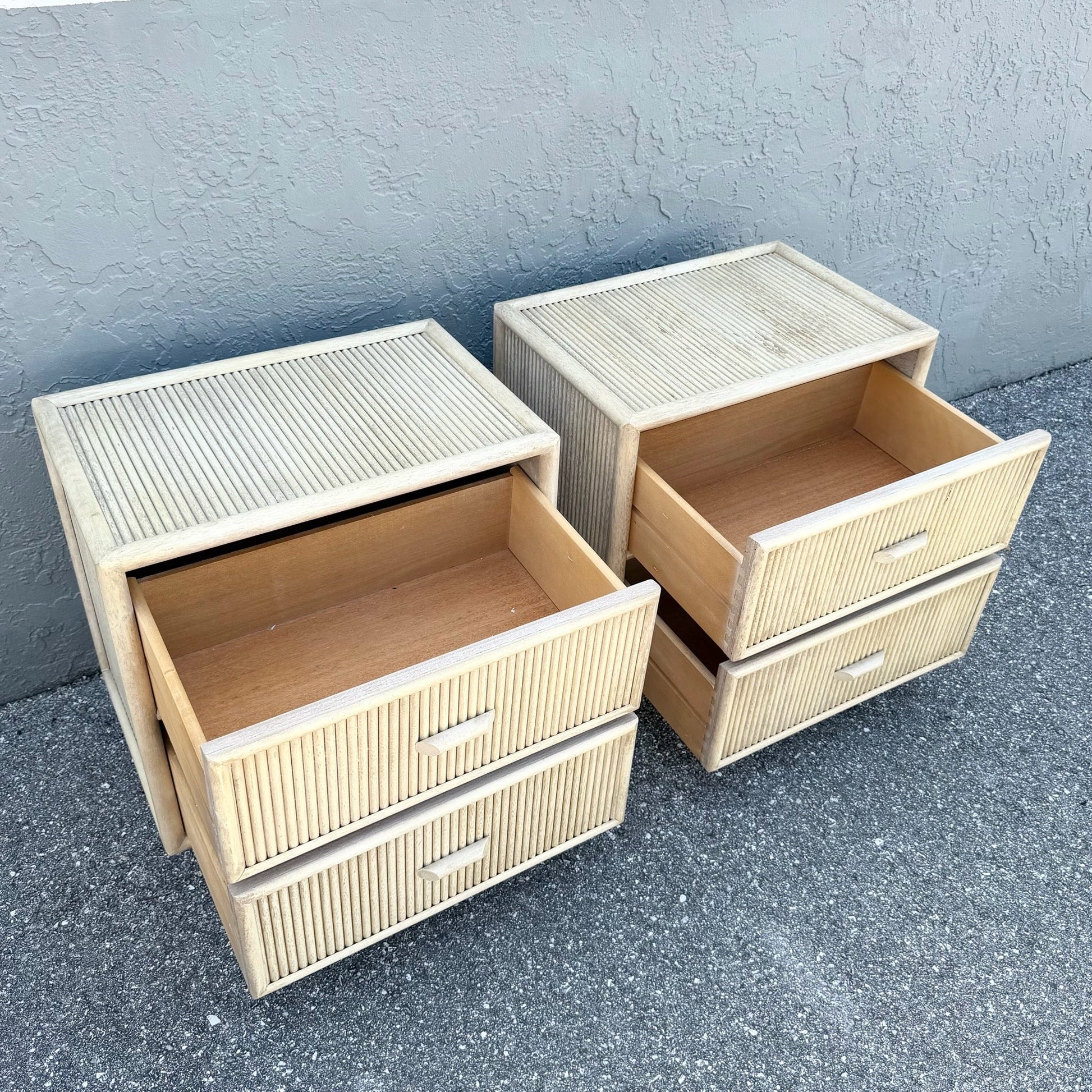Boho Chic Cream Washed Rattan Nightstands - A Pair Dolphin & Flamingo
