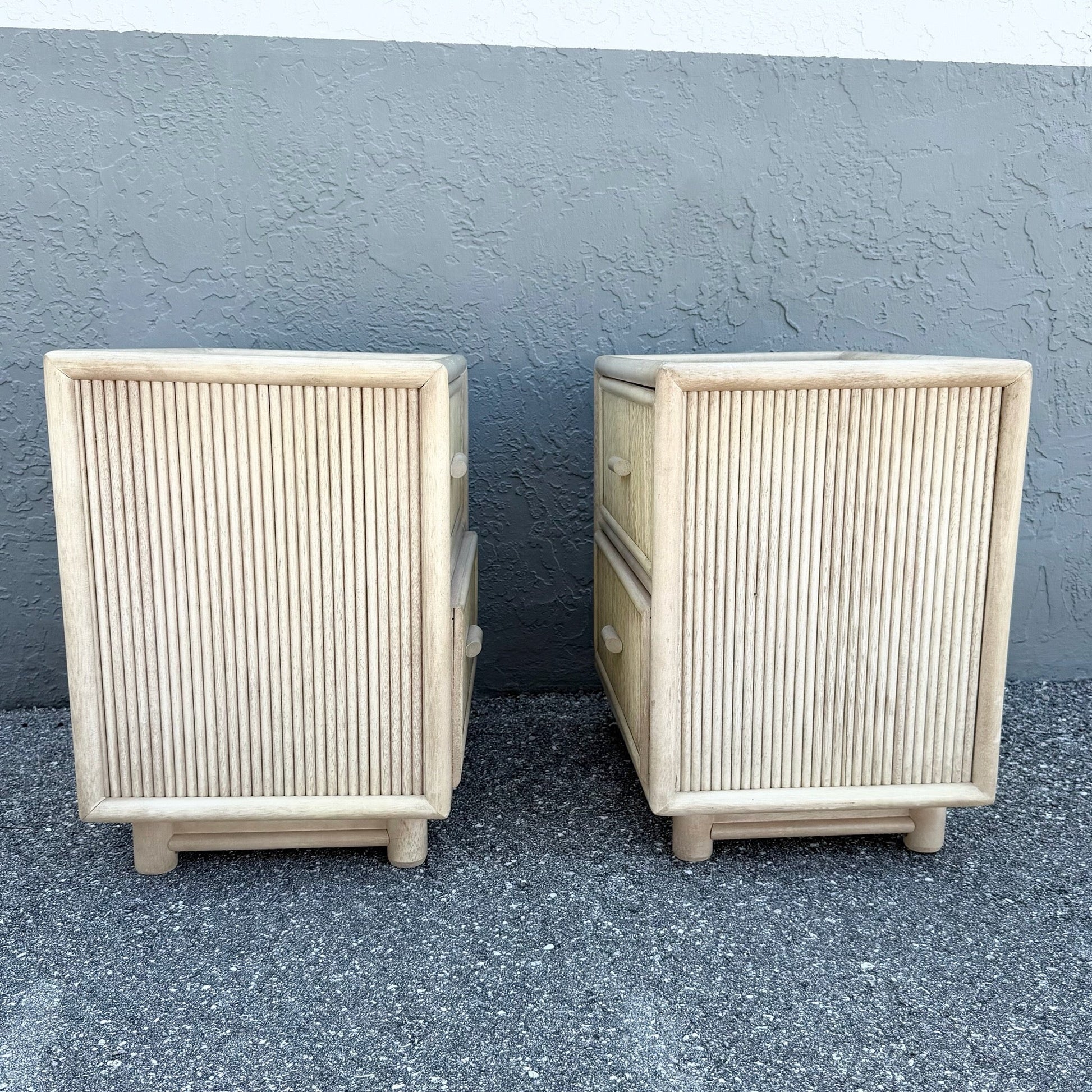 Boho Chic Cream Washed Rattan Nightstands - A Pair Dolphin & Flamingo