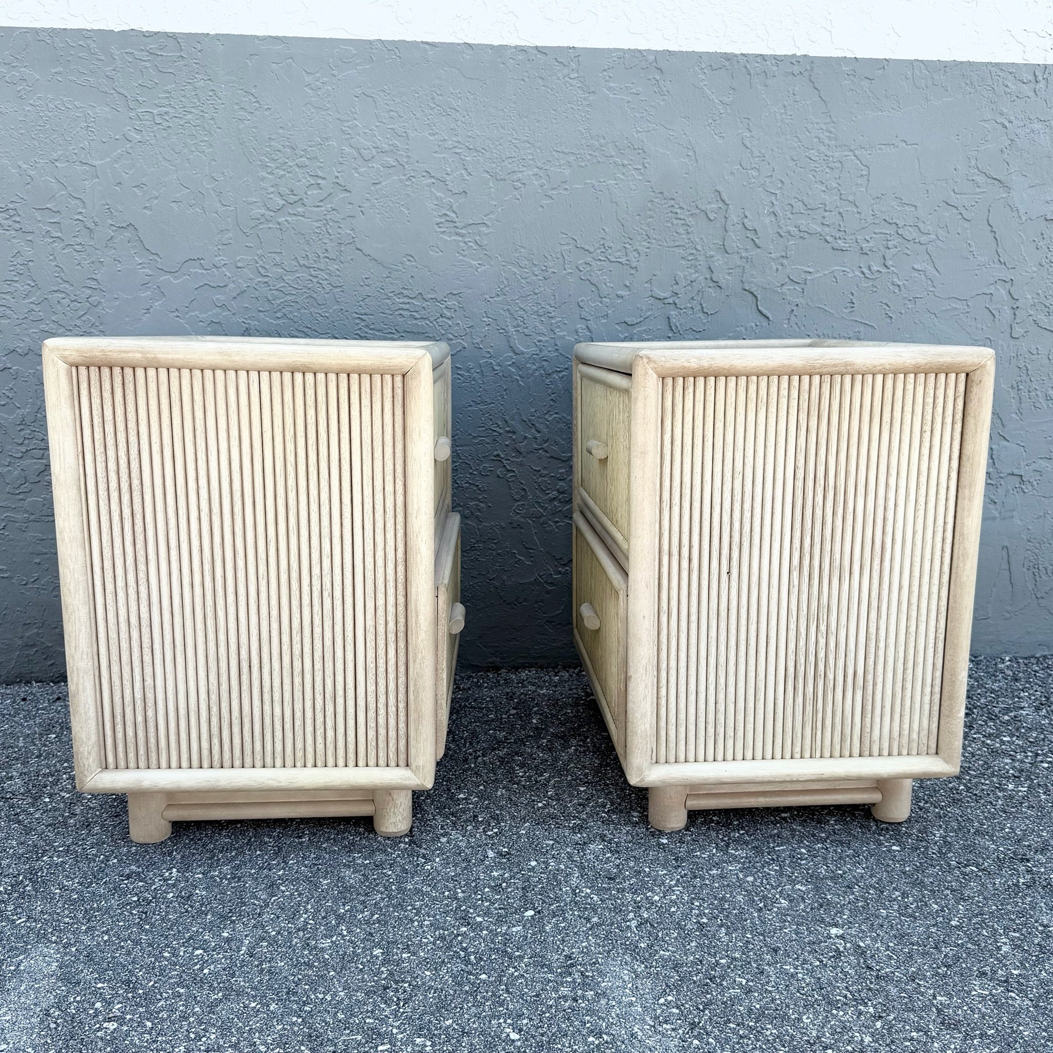 Boho Chic Cream Washed Rattan Nightstands - A Pair Dolphin & Flamingo