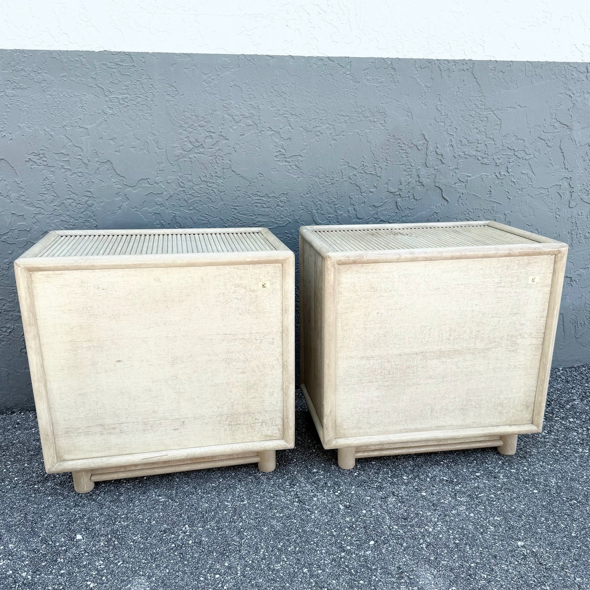 Boho Chic Cream Washed Rattan Nightstands - A Pair Dolphin & Flamingo