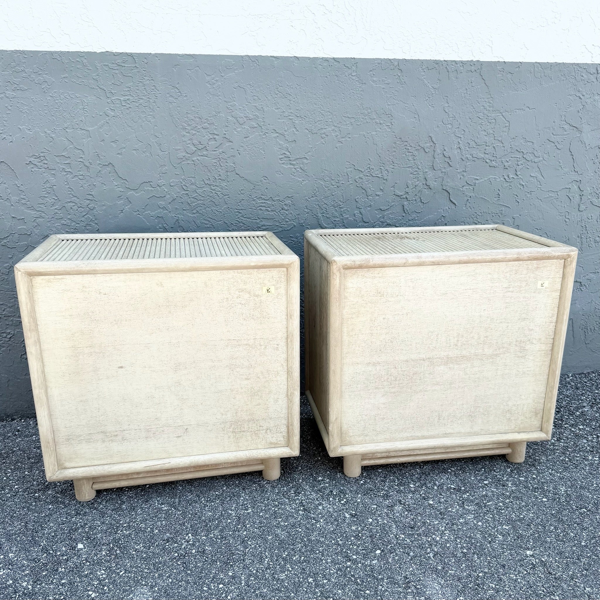 Boho Chic Cream Washed Rattan Nightstands - A Pair Dolphin & Flamingo