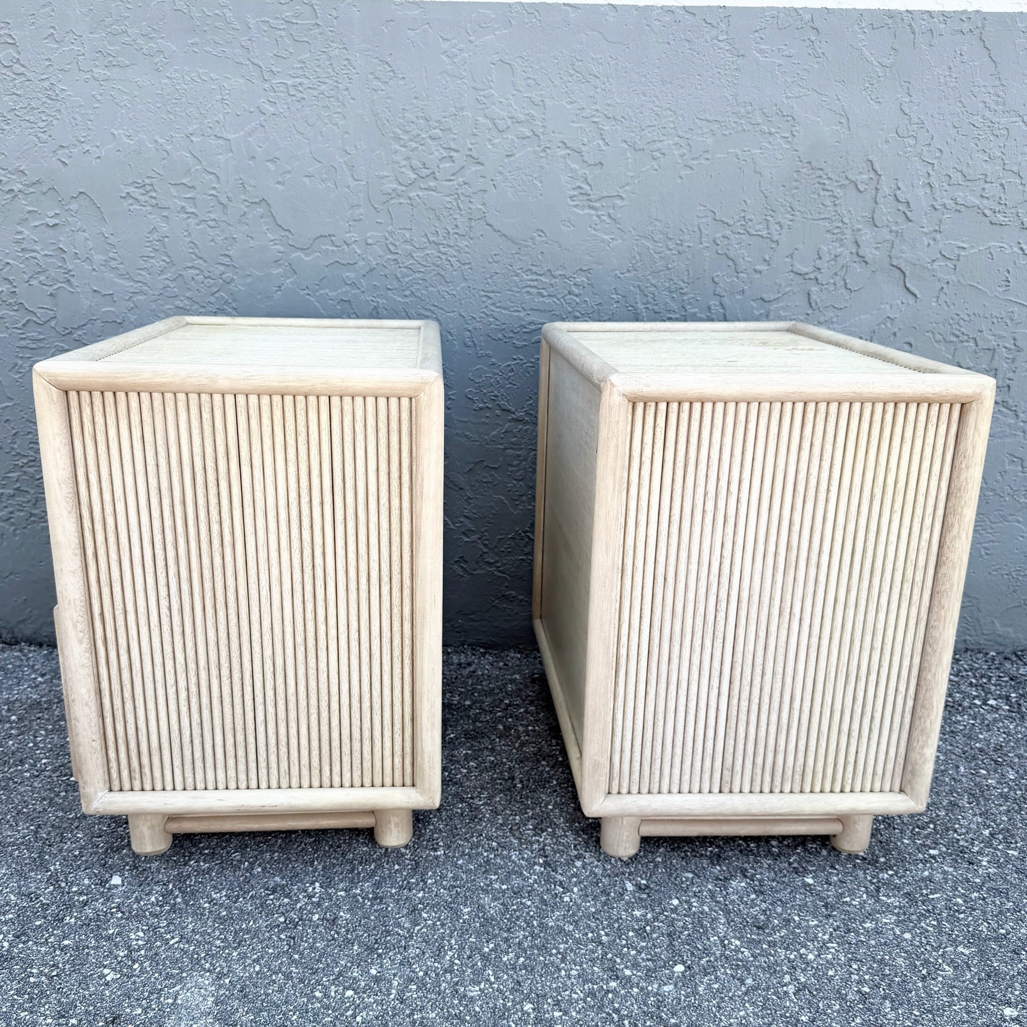 Boho Chic Cream Washed Rattan Nightstands - A Pair Dolphin & Flamingo